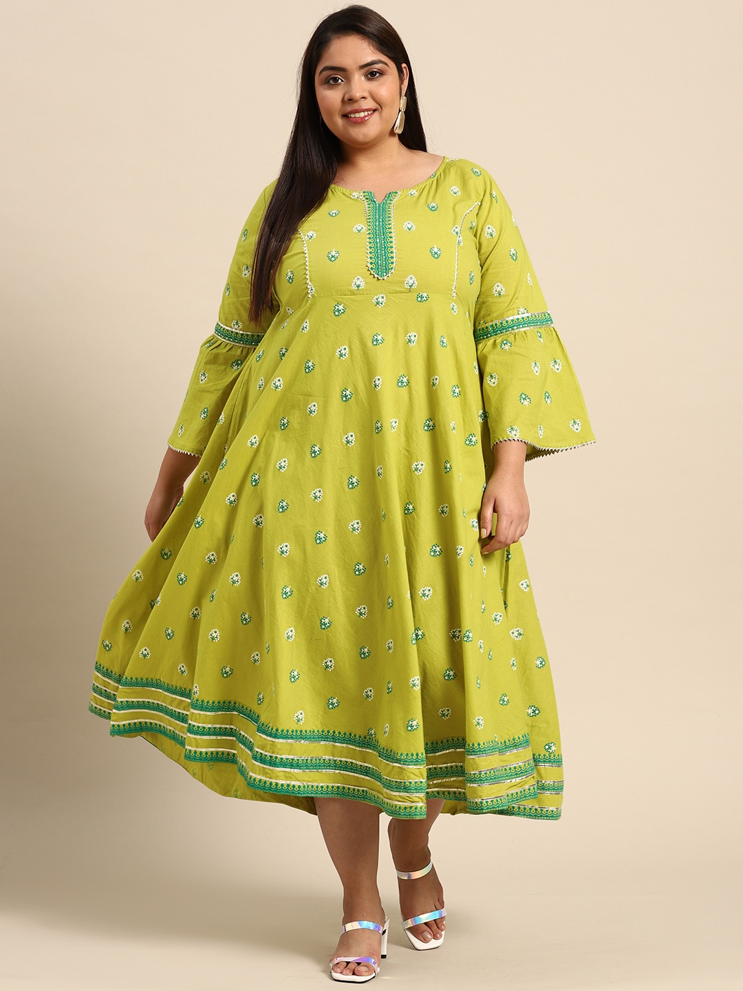 

RANGMAYEE Green & White Floral Ethnic Midi Dress