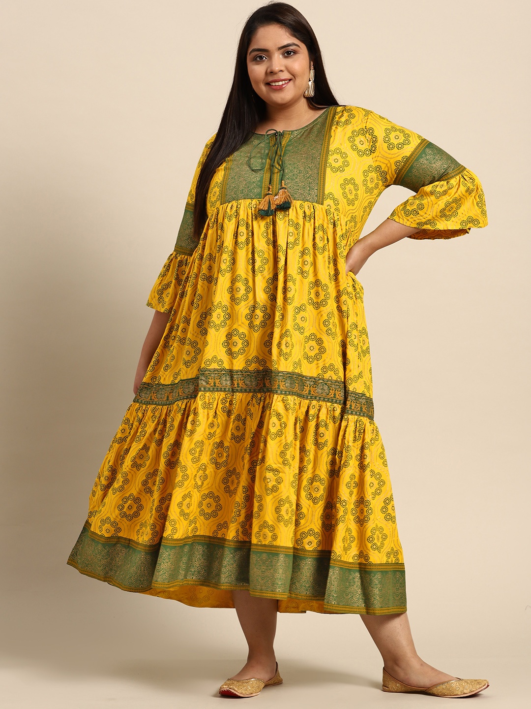 

RANGMAYEE Yellow & Green Liva Ethnic Midi Dress