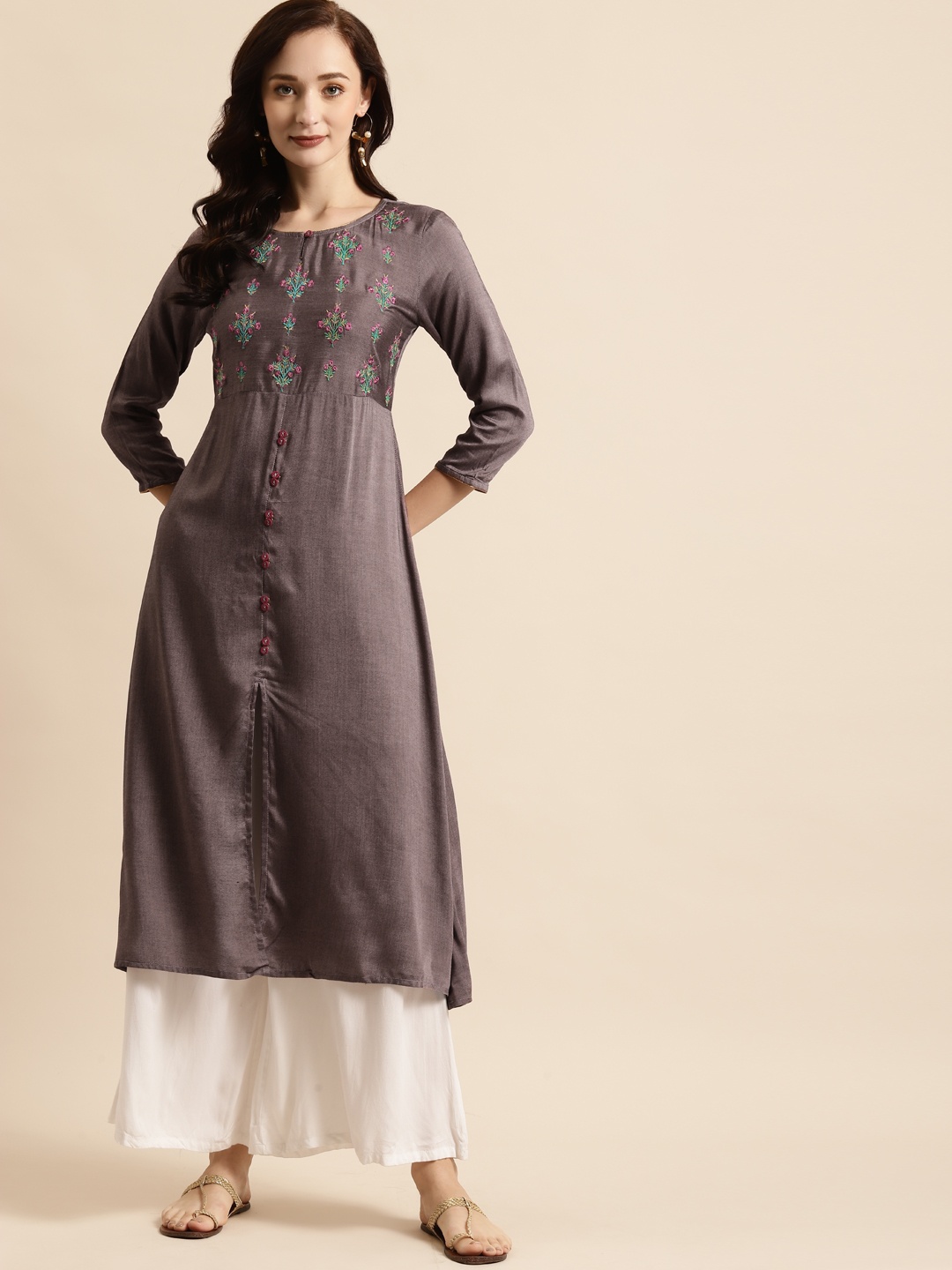 

RANGMAYEE Women Mauve & Pink Floral Embroidered Liva Kurta