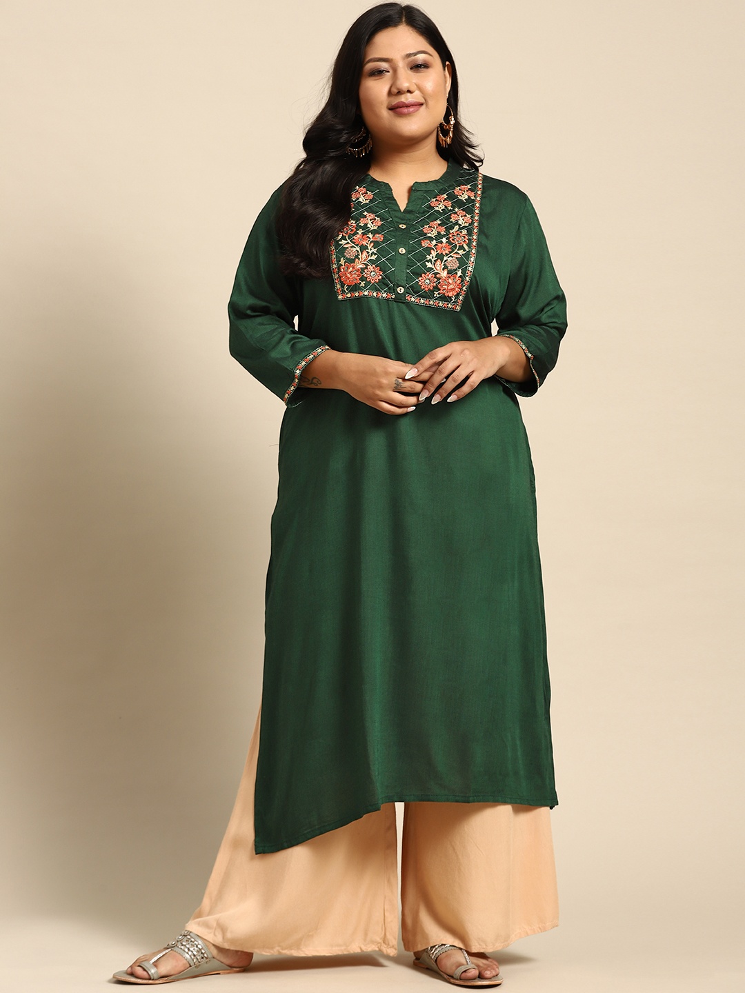 

RANGMAYEE Women Green & Orange Yoke Design Thread Work Liva Kurta