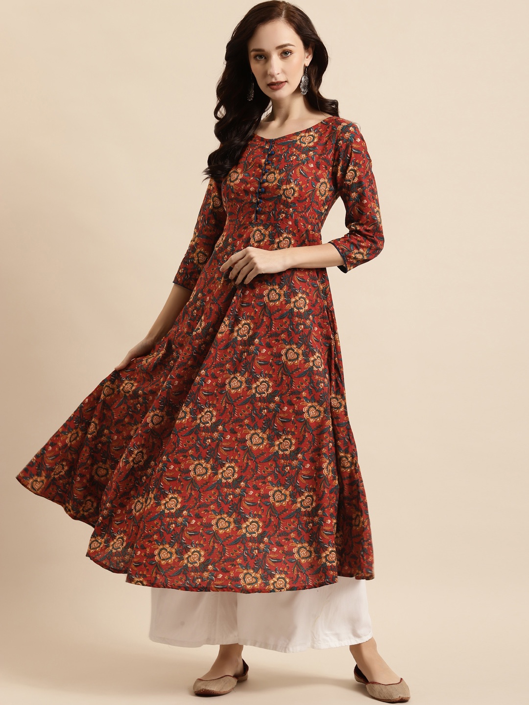 

RANGMAYEE Women Maroon & Beige Floral Printed Floral Anarkali Kurta