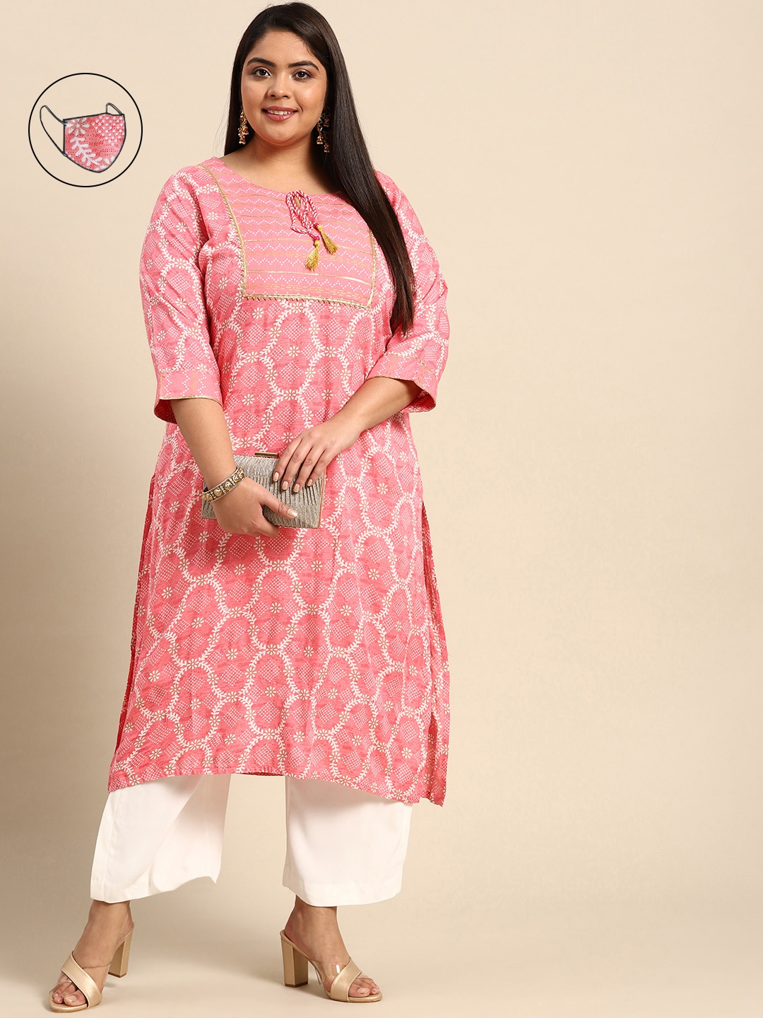 

RANGMAYEE Women Pink & White Printed Gotta Patti Liva Kurta with Mask