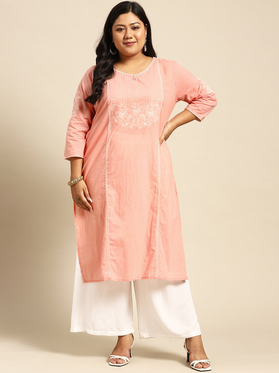 

RANGMAYEE Women Pink & White Floral Embroidered Kurta