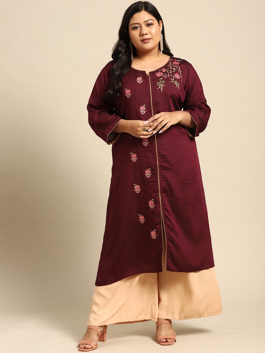 

RANGMAYEE Women Maroon & Gold-Toned Embroidered Liva Kurta