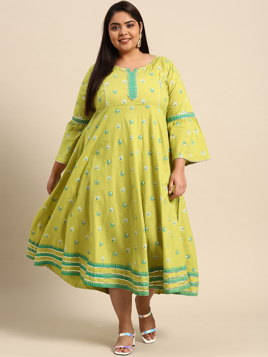 

RANGMAYEE Green & White Floral Ethnic Maxi Dress