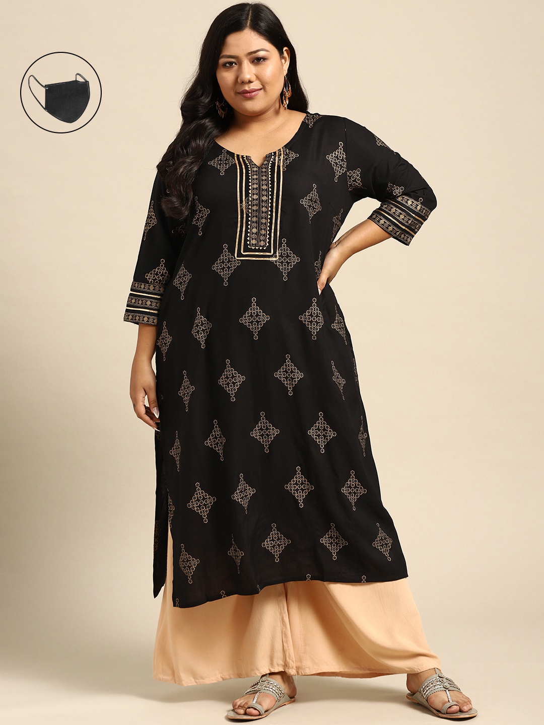 

RANGMAYEE Women Black & Gold-Toned Bandhani Printed Gotta Patti Liva Kurta with Mask