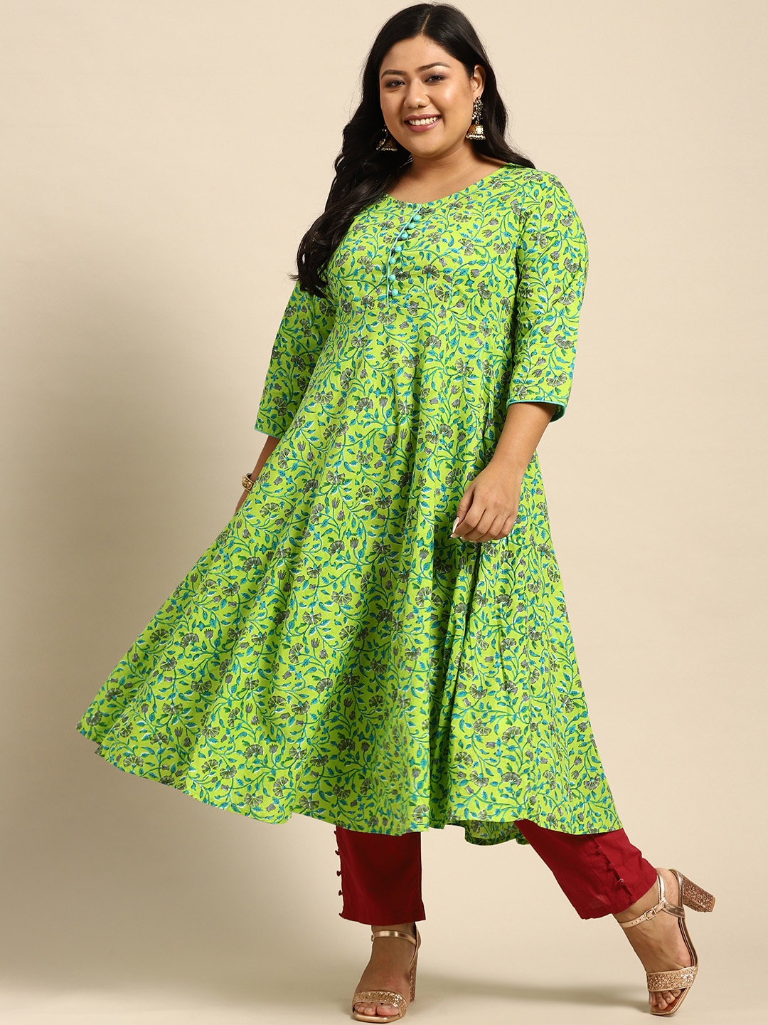 

RANGMAYEE Women Green & Grey Floral Printed Floral Anarkali Kurta