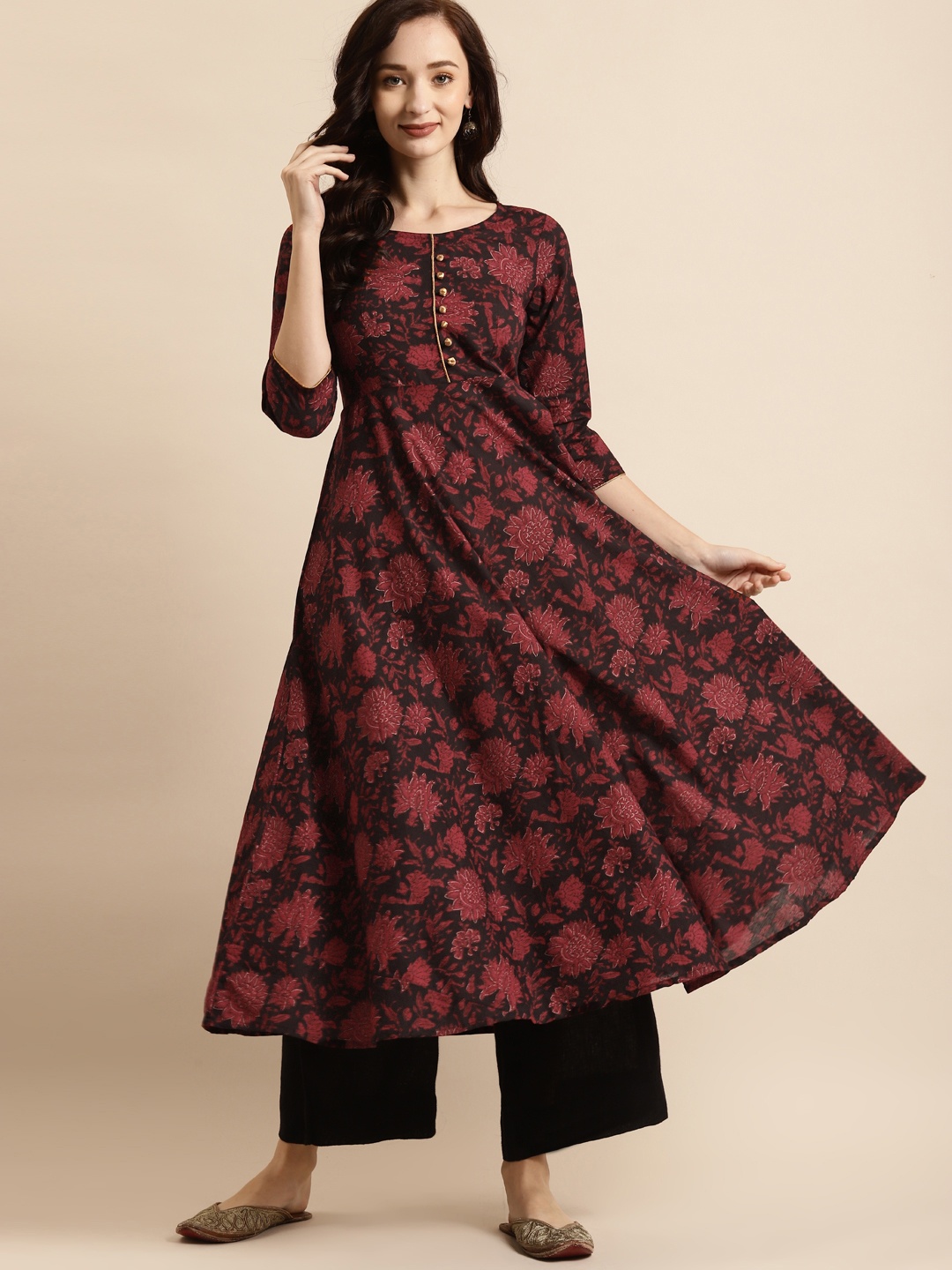 

RANGMAYEE Women Navy Blue & Maroon Floral Printed Floral Anarkali Kurta