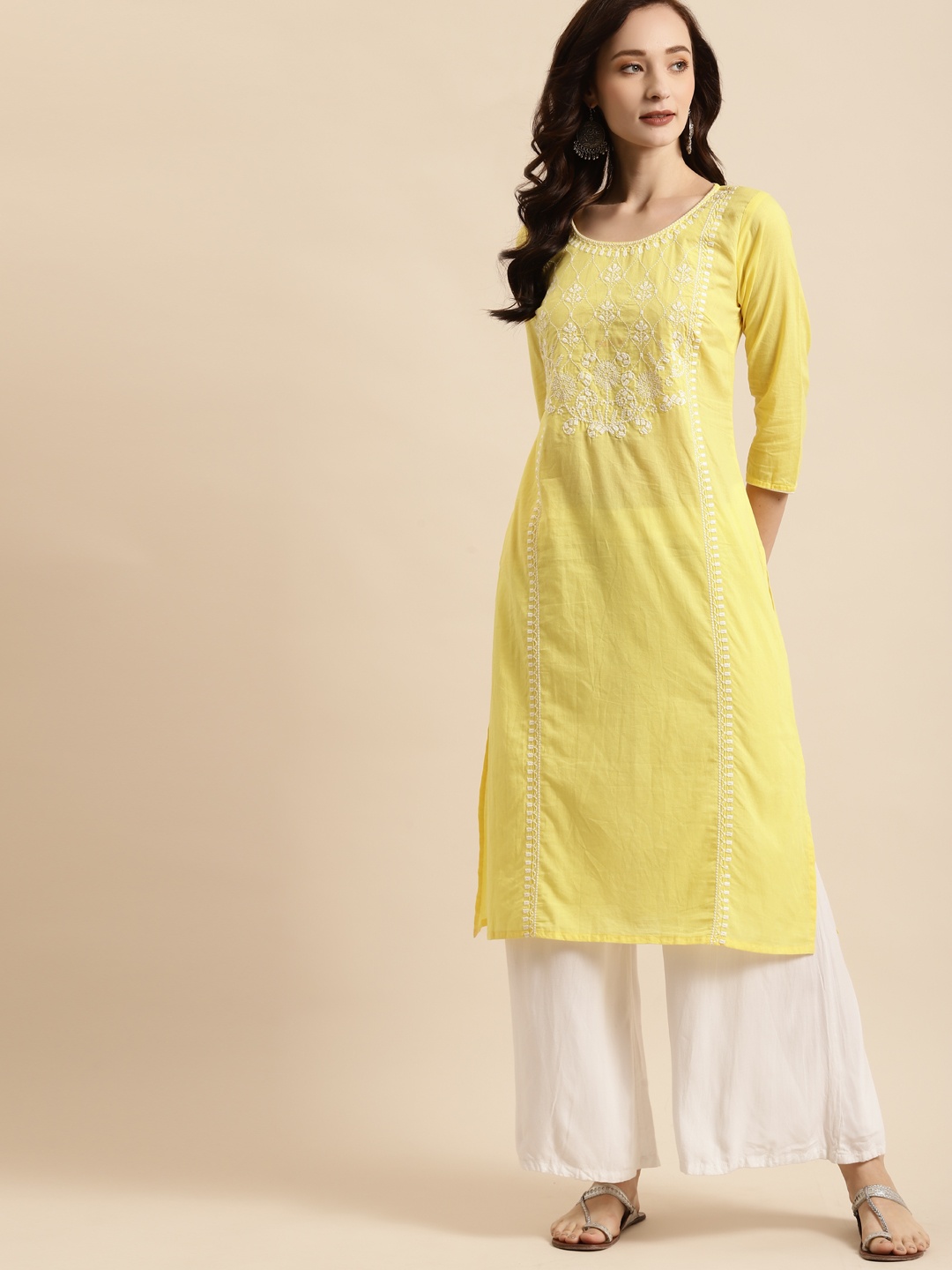 

RANGMAYEE Women Yellow & White Floral Embroidered Kurta