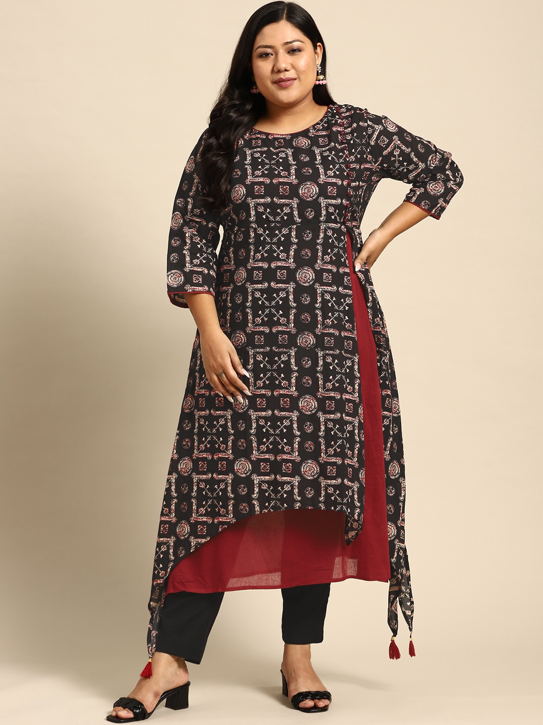 

RANGMAYEE Women Black & Maroon Sanganeri Block Print Double Layered A-Line Kurta