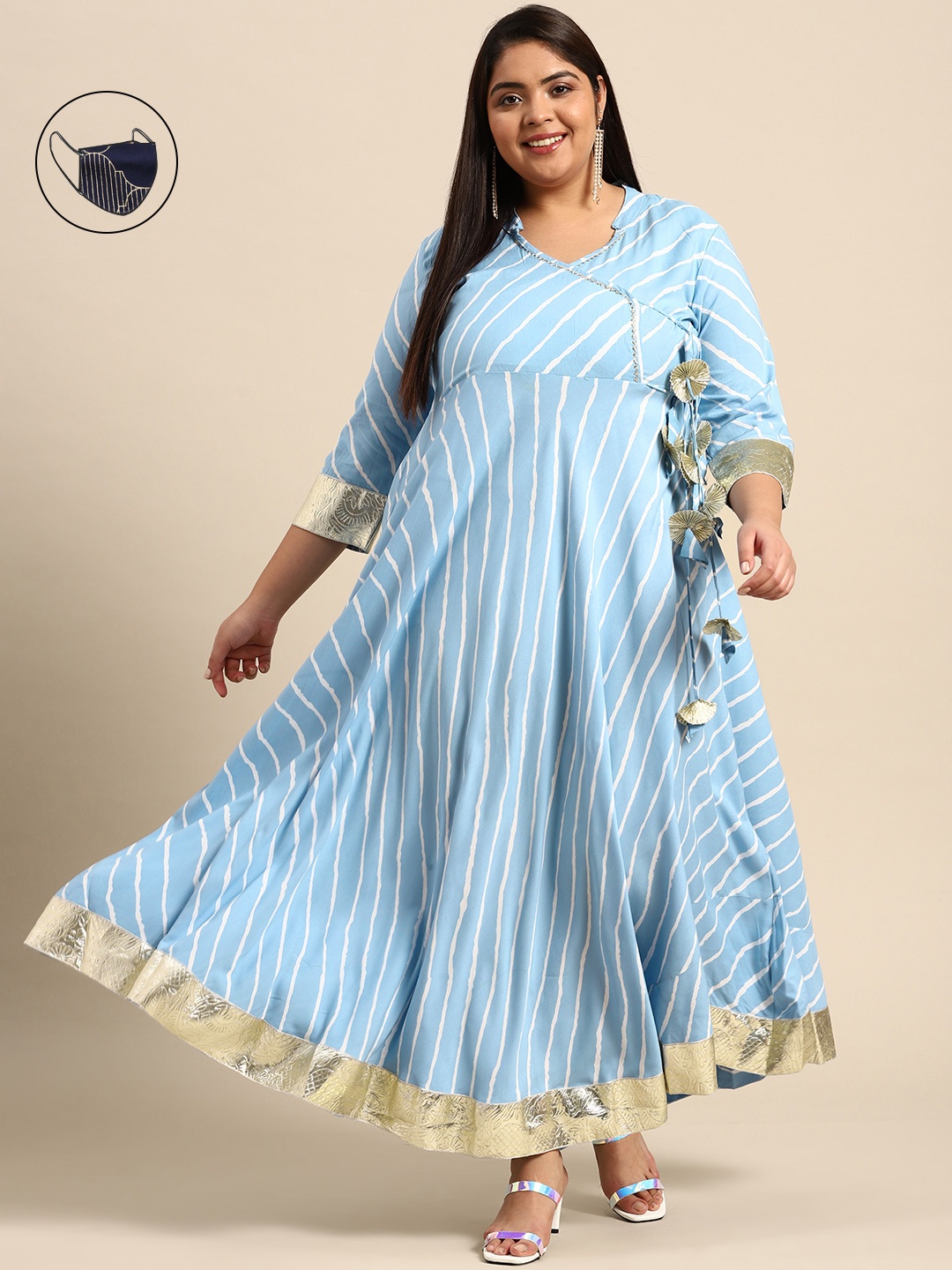 

RANGMAYEE Blue & White Striped Liva Ethnic A-Line Maxi Dress