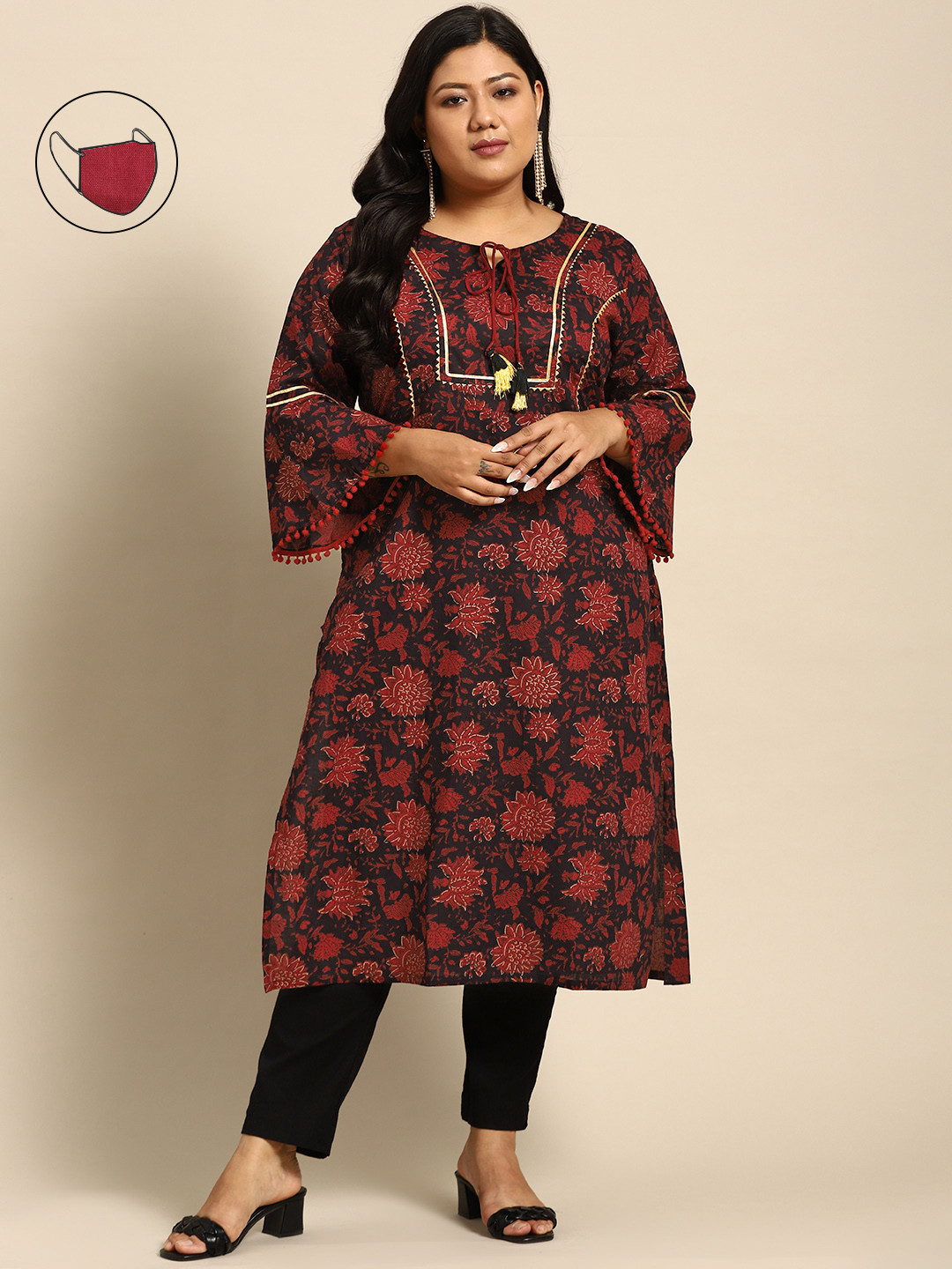 

RANGMAYEE Women Navy Blue & Red Floral Printed Bell Sleeves Gotta Patti Floral Kurta