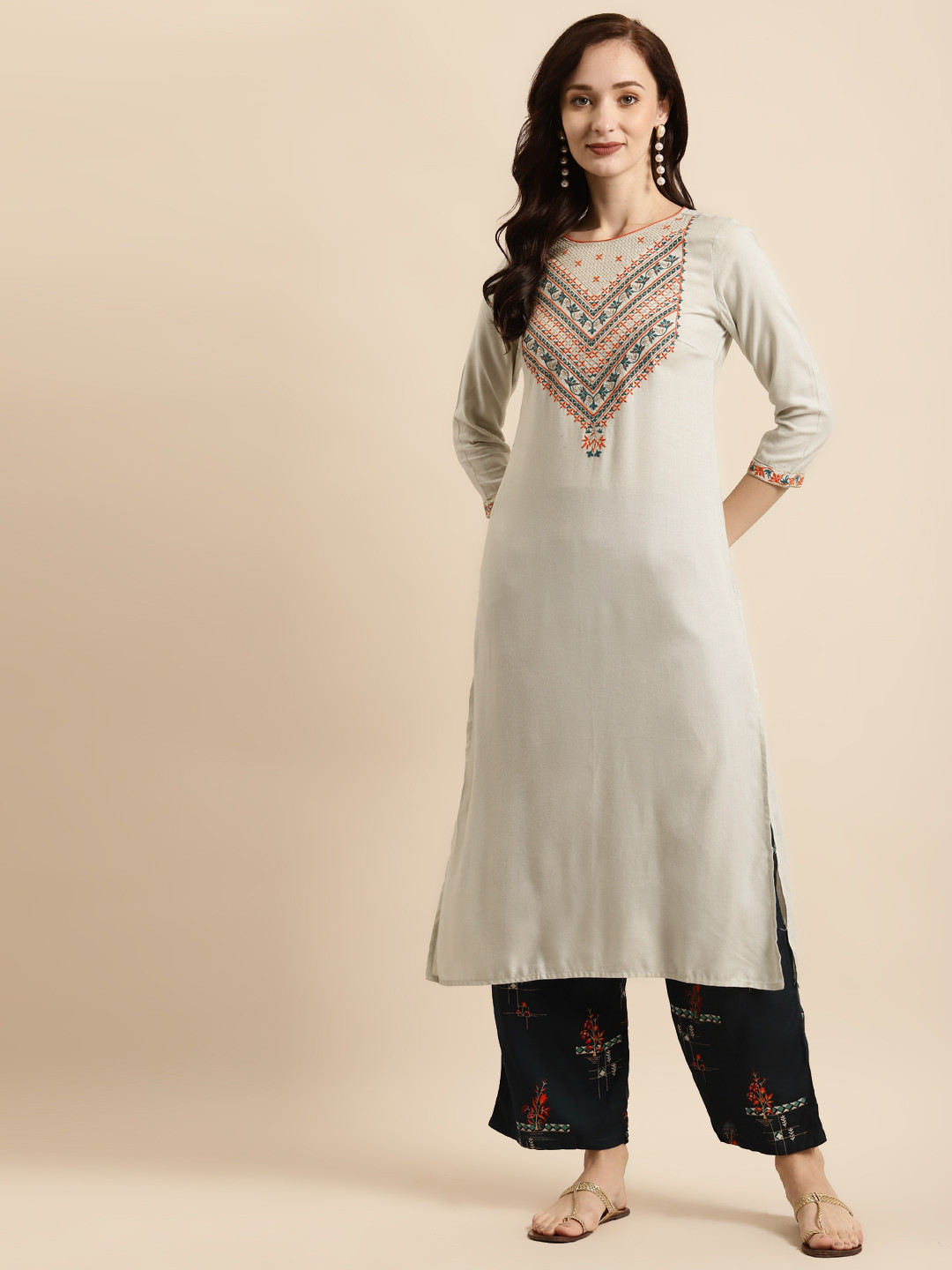 

RANGMAYEE Women Grey Embroidered Regular Liva Kurta with Palazzos