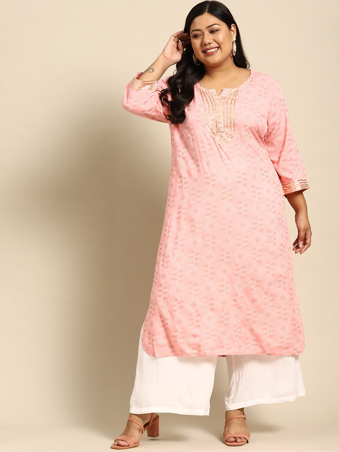 

RANGMAYEE Women Pink & White Printed Gotta Patti Floral Liva Kurta