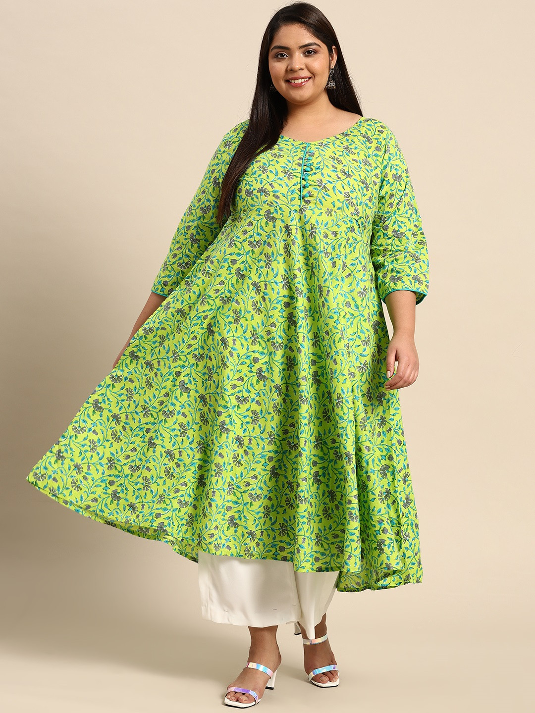 

RANGMAYEE Women Green & Grey Floral Printed Floral Anarkali Kurta