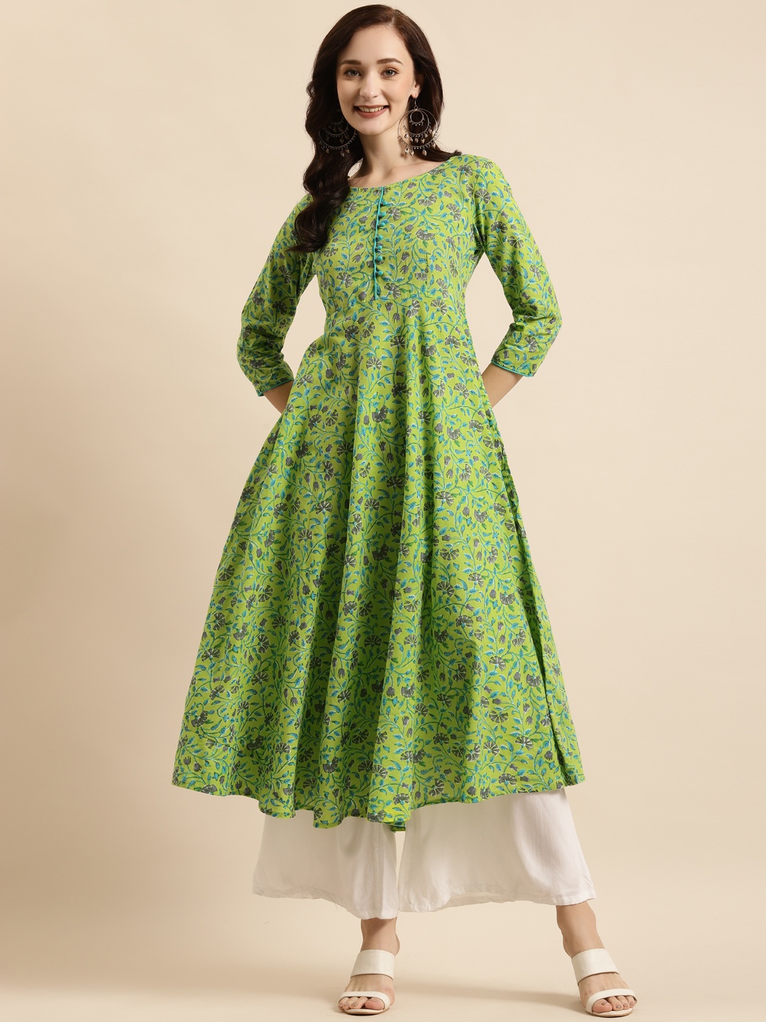 

RANGMAYEE Women Green & Grey Floral Printed Floral Anarkali Kurta