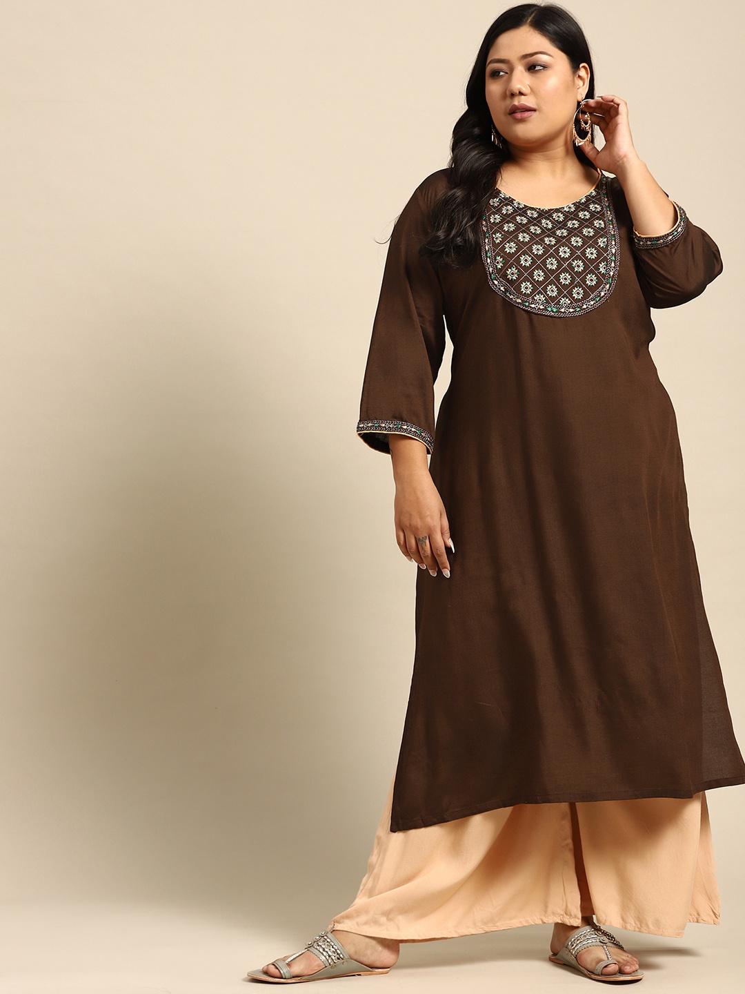 

RANGMAYEE Women Brown & Peach-Coloured Printed Liva Kurta