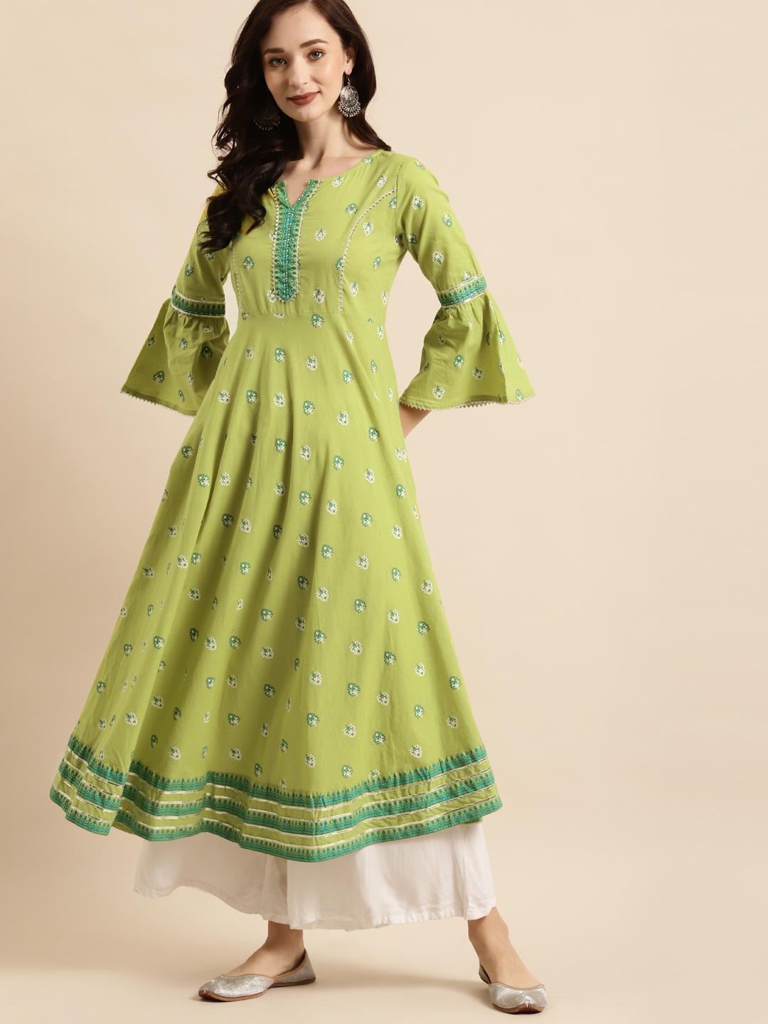 

RANGMAYEE Green & White Floral Ethnic Maxi Dress