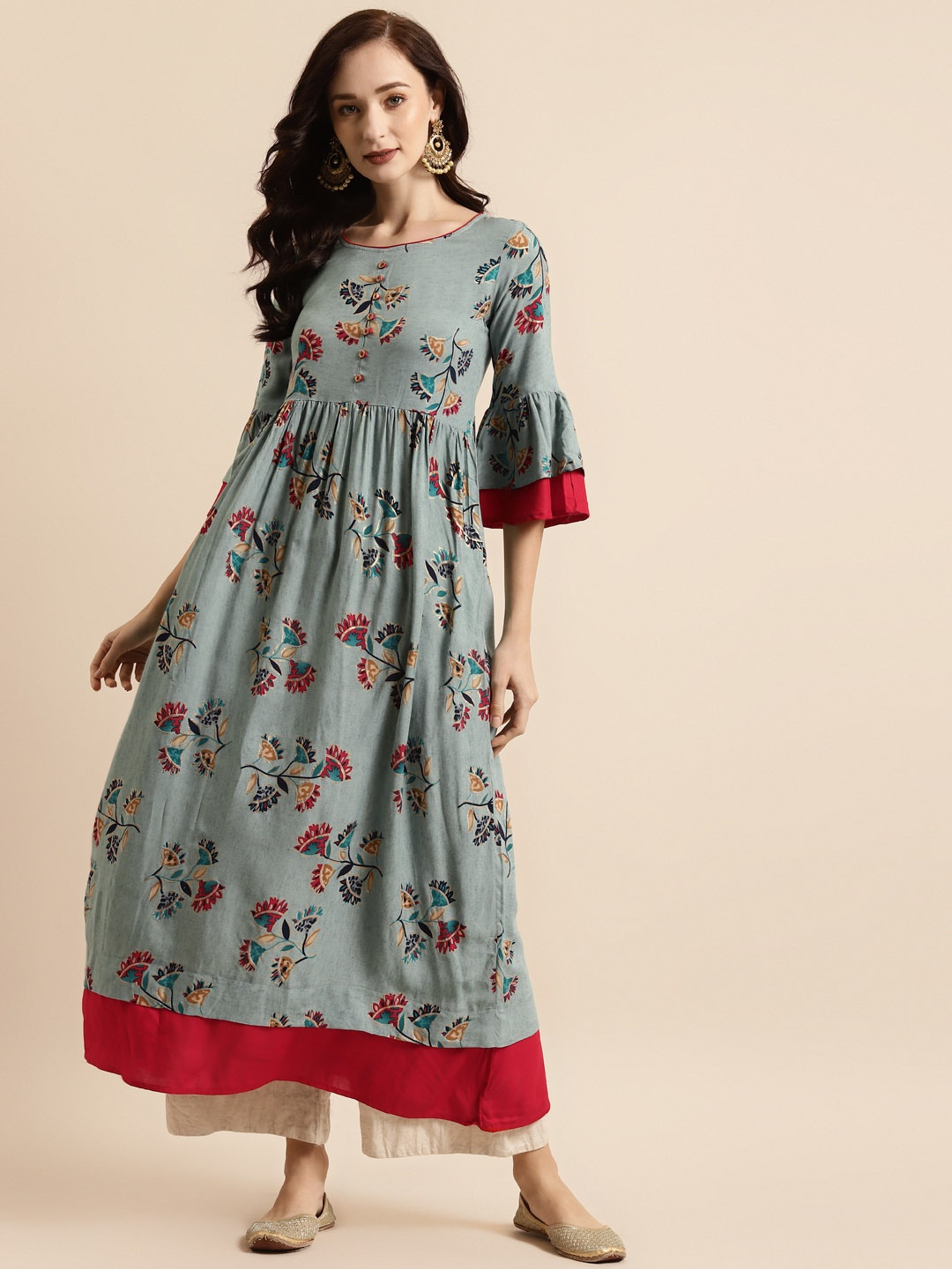 

RANGMAYEE Women Grey & Red Floral Printed Floral Liva Kurta