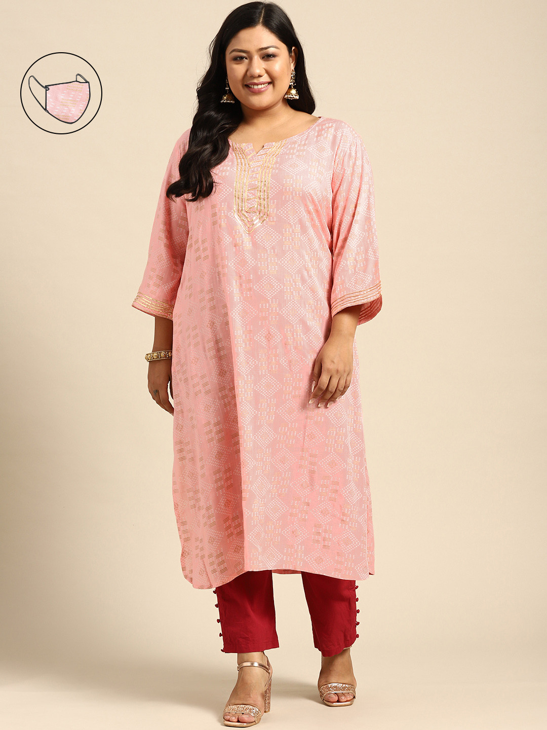 

RANGMAYEE Women Pink & White Printed Gotta Patti Liva Kurta with Mask