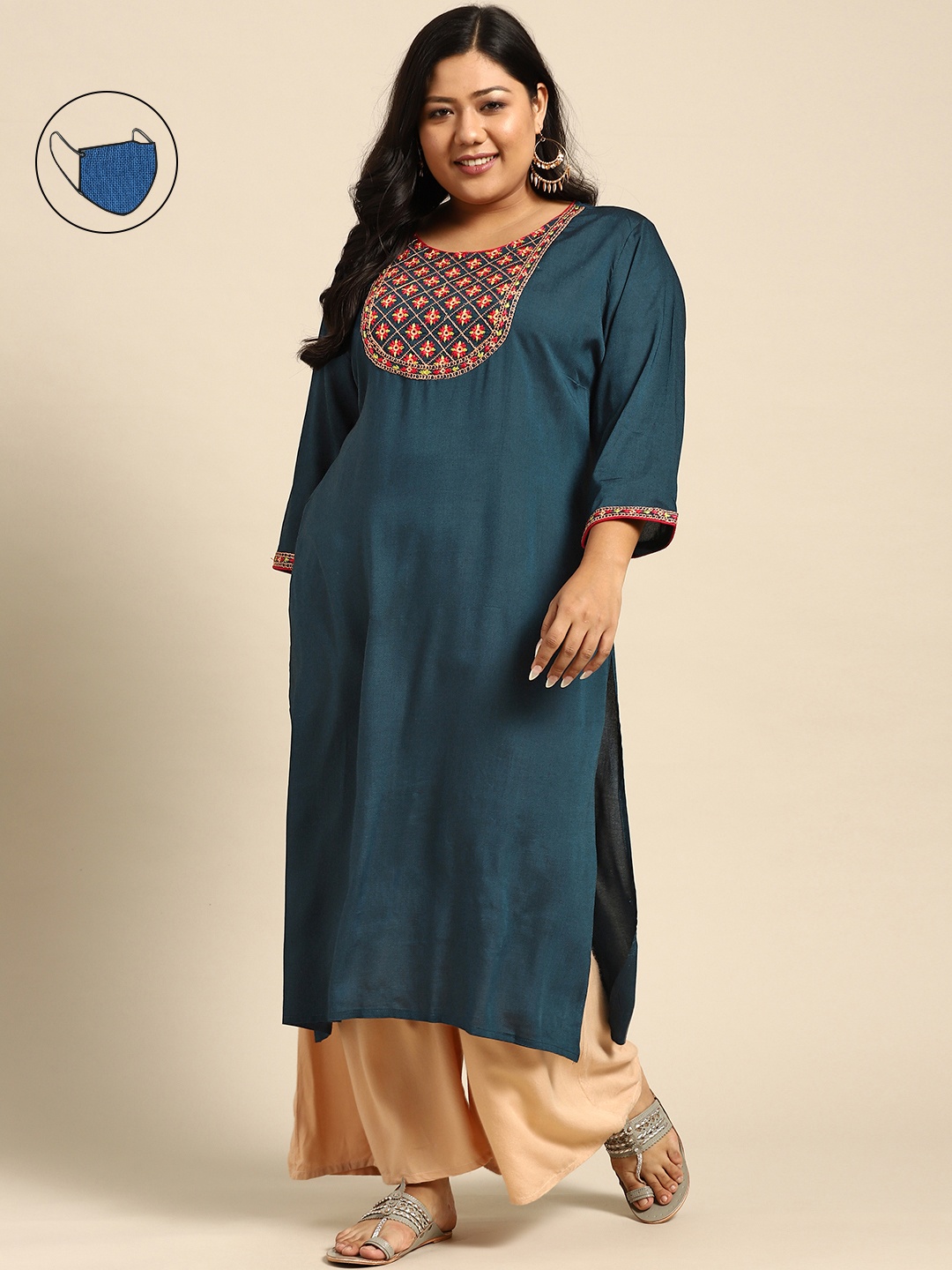 

RANGMAYEE Women Teal & Pink Yoke Design Thread Work Liva Kurta with Mask