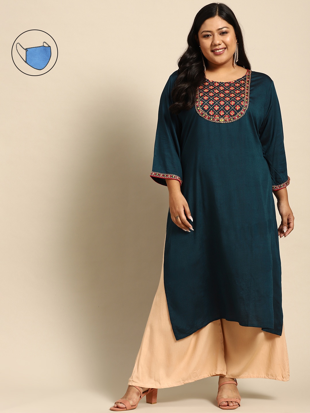 

RANGMAYEE Women Teal & Pink Embroidered Thread Work Liva Kurta with Mask
