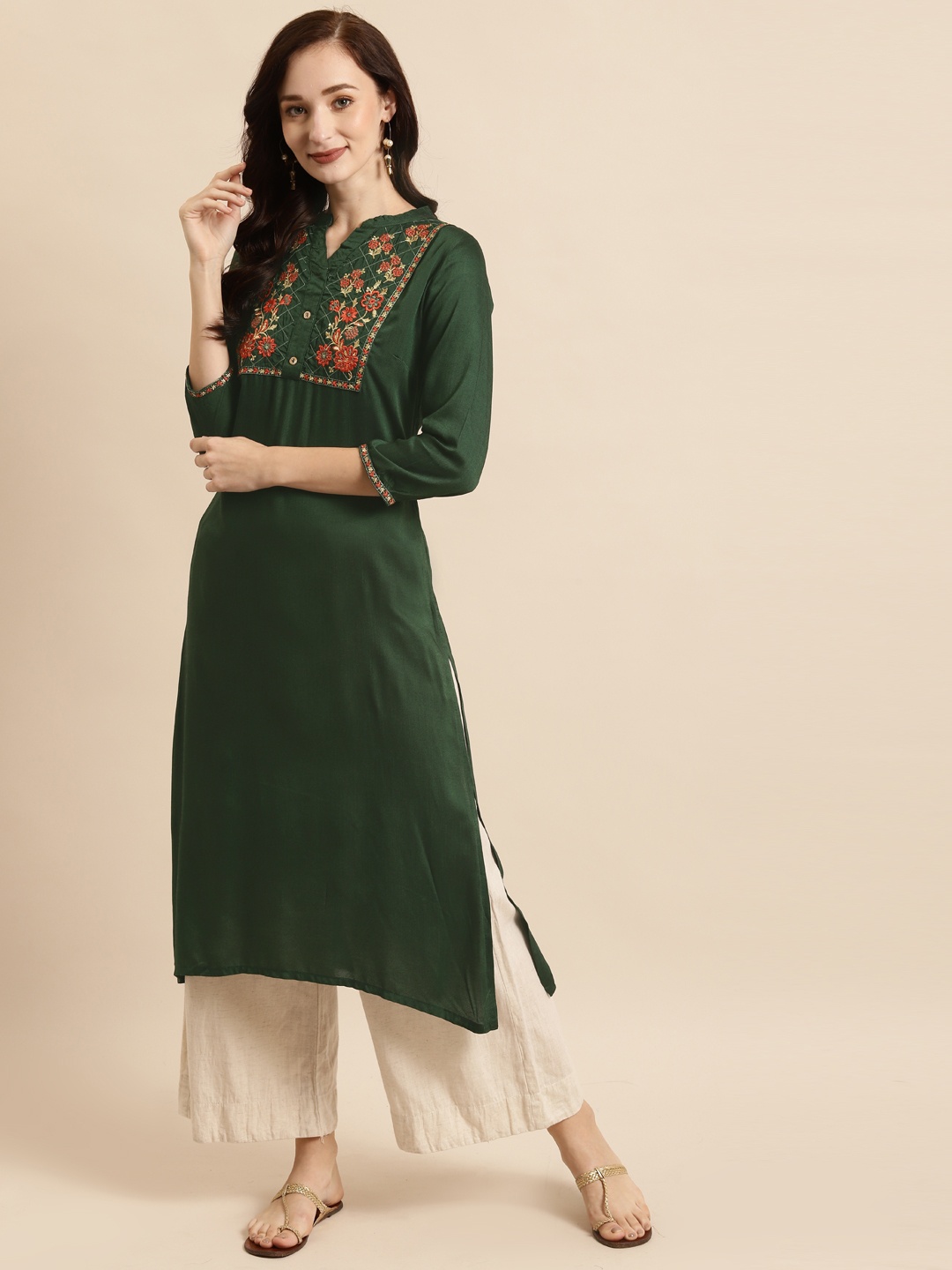 

RANGMAYEE Women Green & Orange Floral Embroidered Liva Kurta
