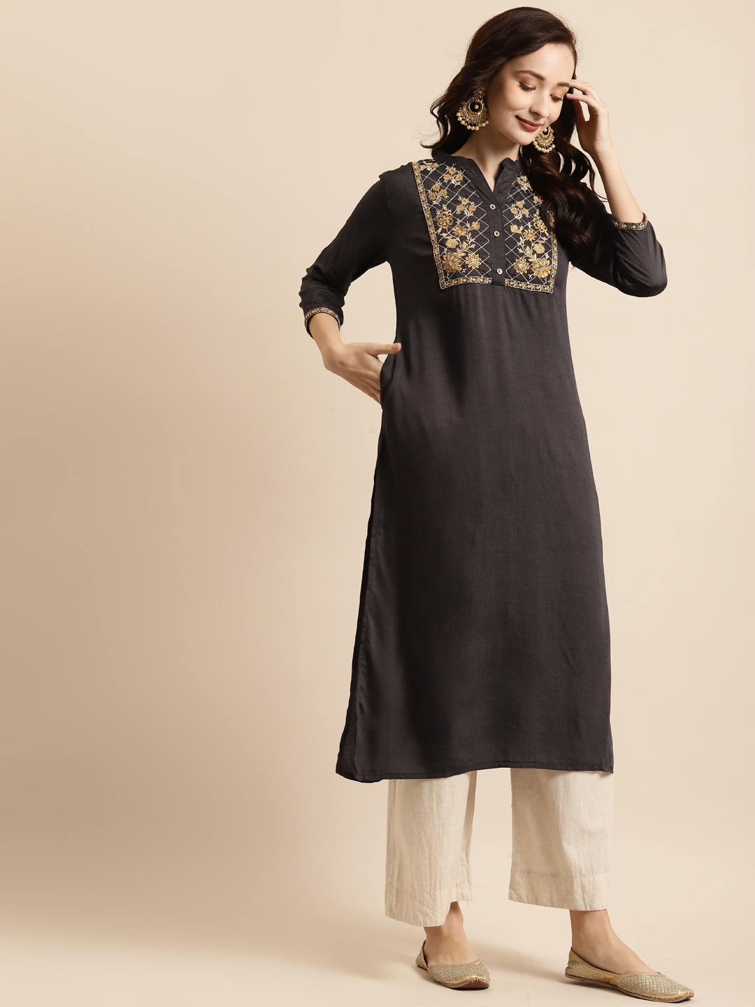

RANGMAYEE Women Grey & Orange Floral Embroidered Liva Kurta