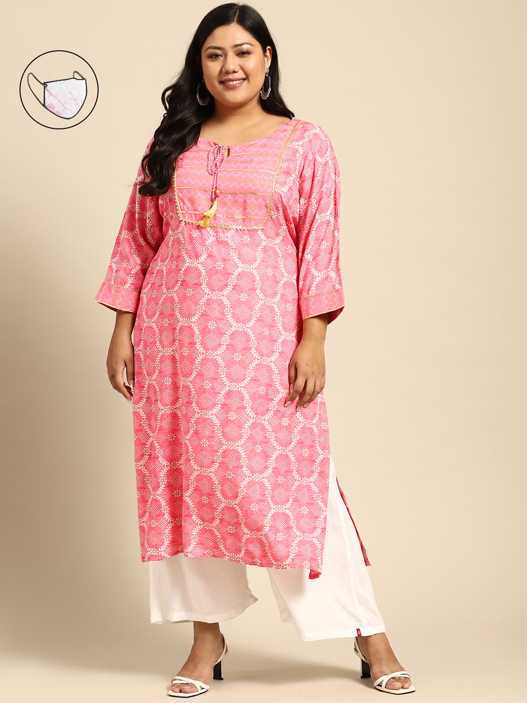 

RANGMAYEE Women Pink & White Geometric Printed Gotta Patti Liva Kurta