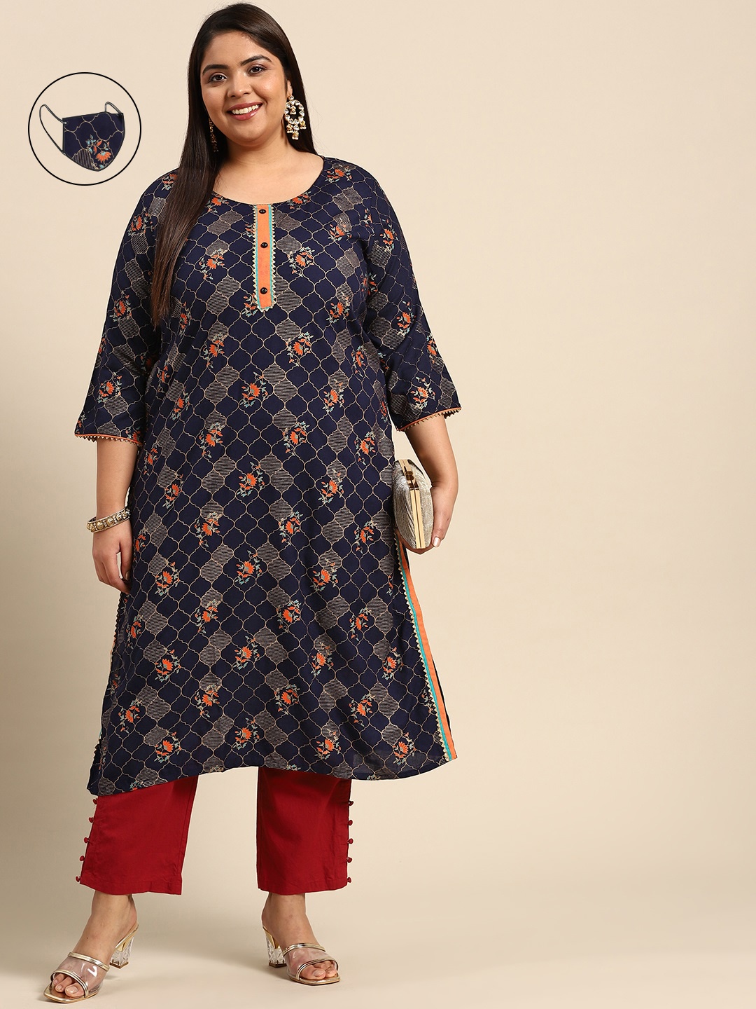 

RANGMAYEE Women Navy Blue & Orange Floral Printed Gotta Patti Floral Liva Kurta with Mask