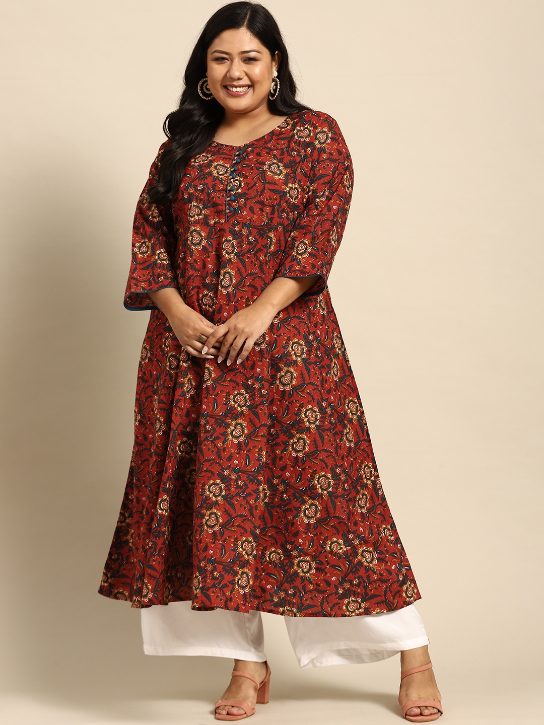 

RANGMAYEE Women Maroon & Beige Floral Printed Floral Anarkali Kurta