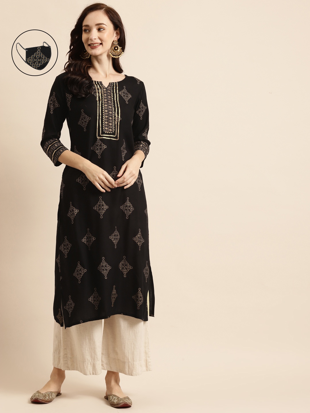 

RANGMAYEE Women Black & Gold-Toned Bandhani Printed Gotta Patti Liva Kurta