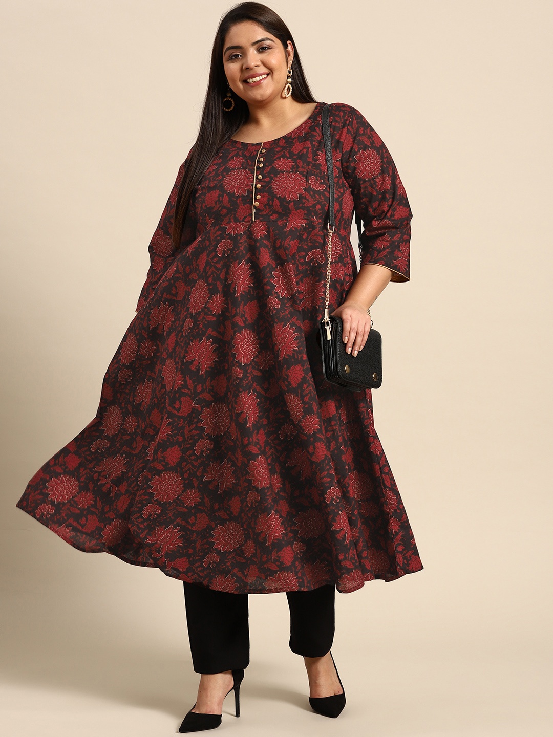 

RANGMAYEE Women Navy Blue & Maroon Floral Printed Floral Anarkali Kurta