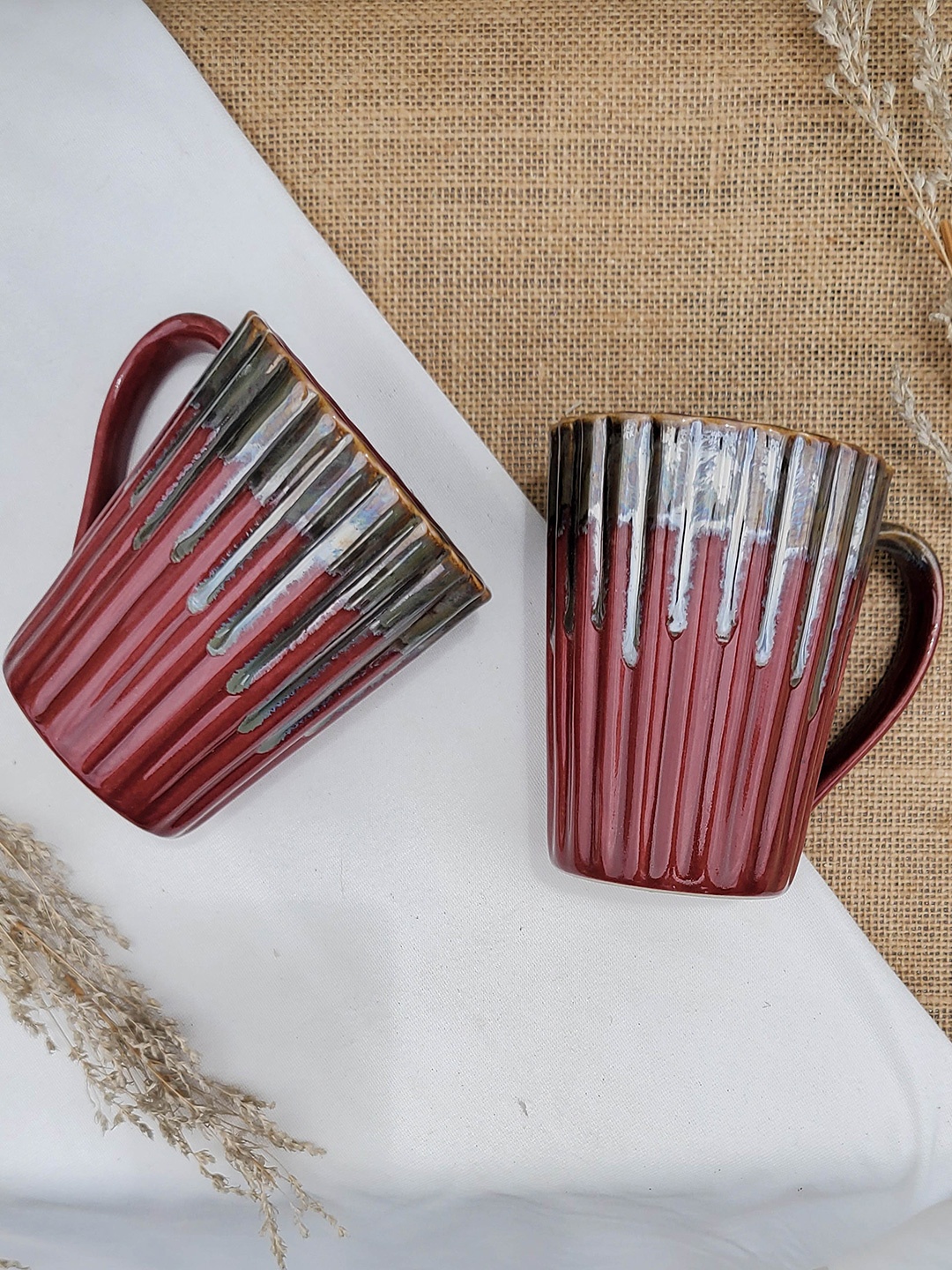 

Folkstorys Set Of 2 Red & Black Handcrafted Textured Ceramic Glossy Mugs