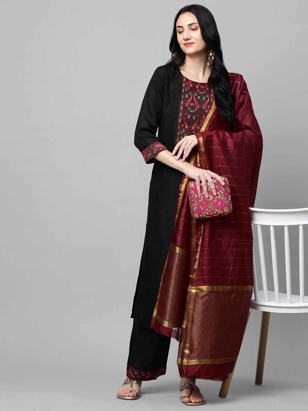 

GoSriKi Women Black Floral Printed Layered Pure Cotton Kurta with Trousers & With Dupatta
