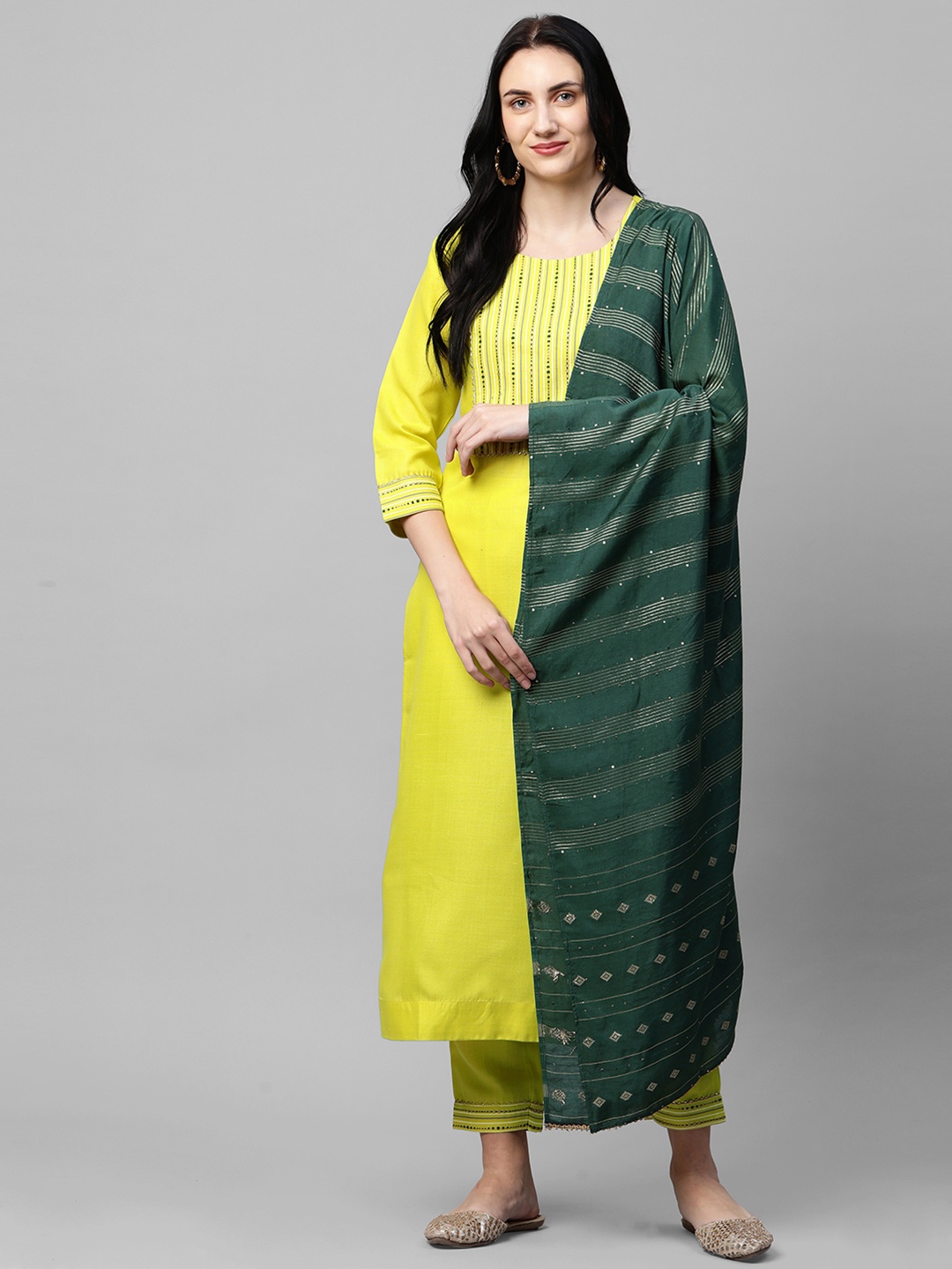 

GoSriKi Women Green Embroidered Regular Pure Cotton Kurta with Churidar & With Dupatta