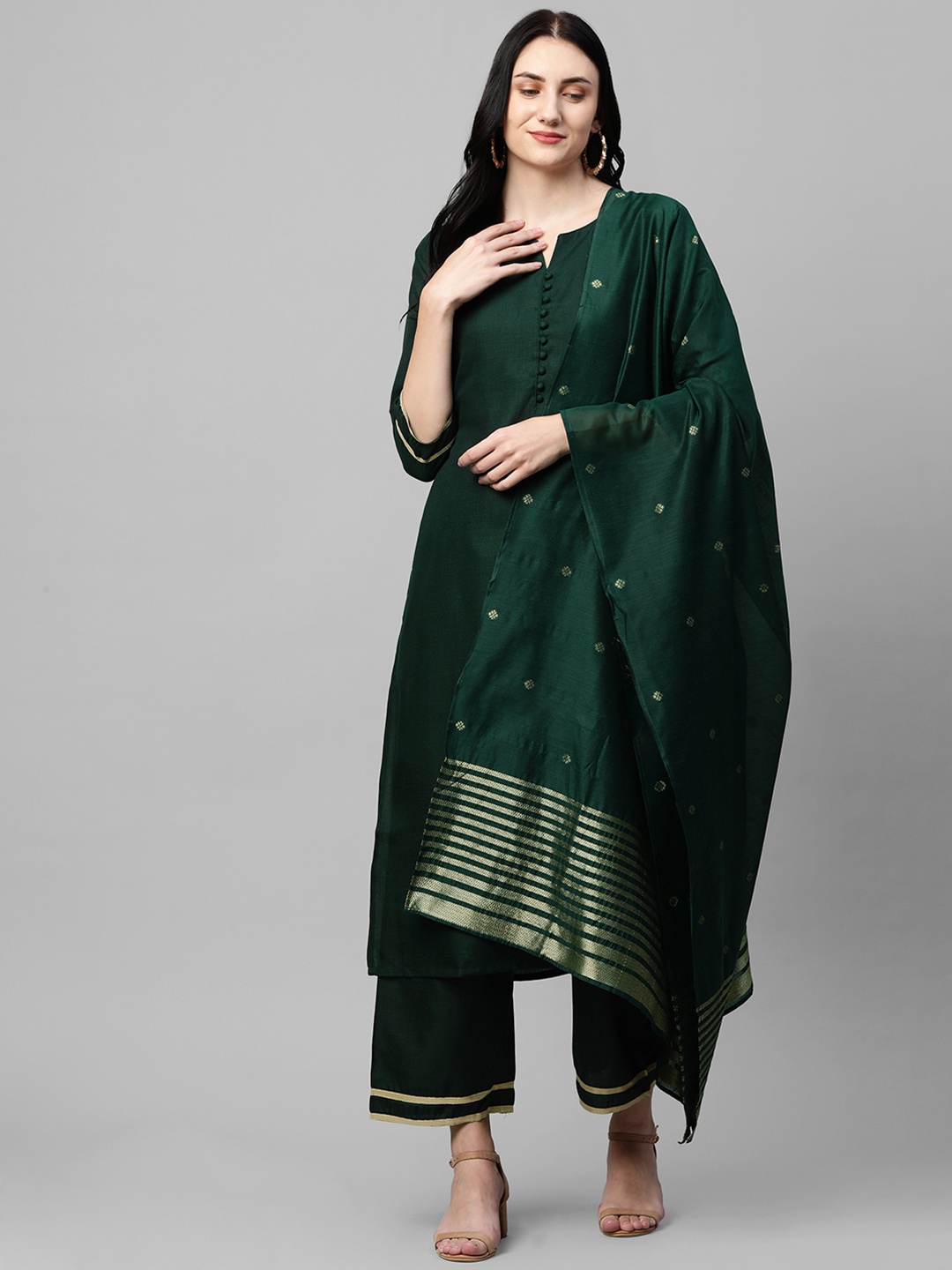 

GoSriKi Women Green Floral Embroidered Regular Kurta with Trousers & With Dupatta