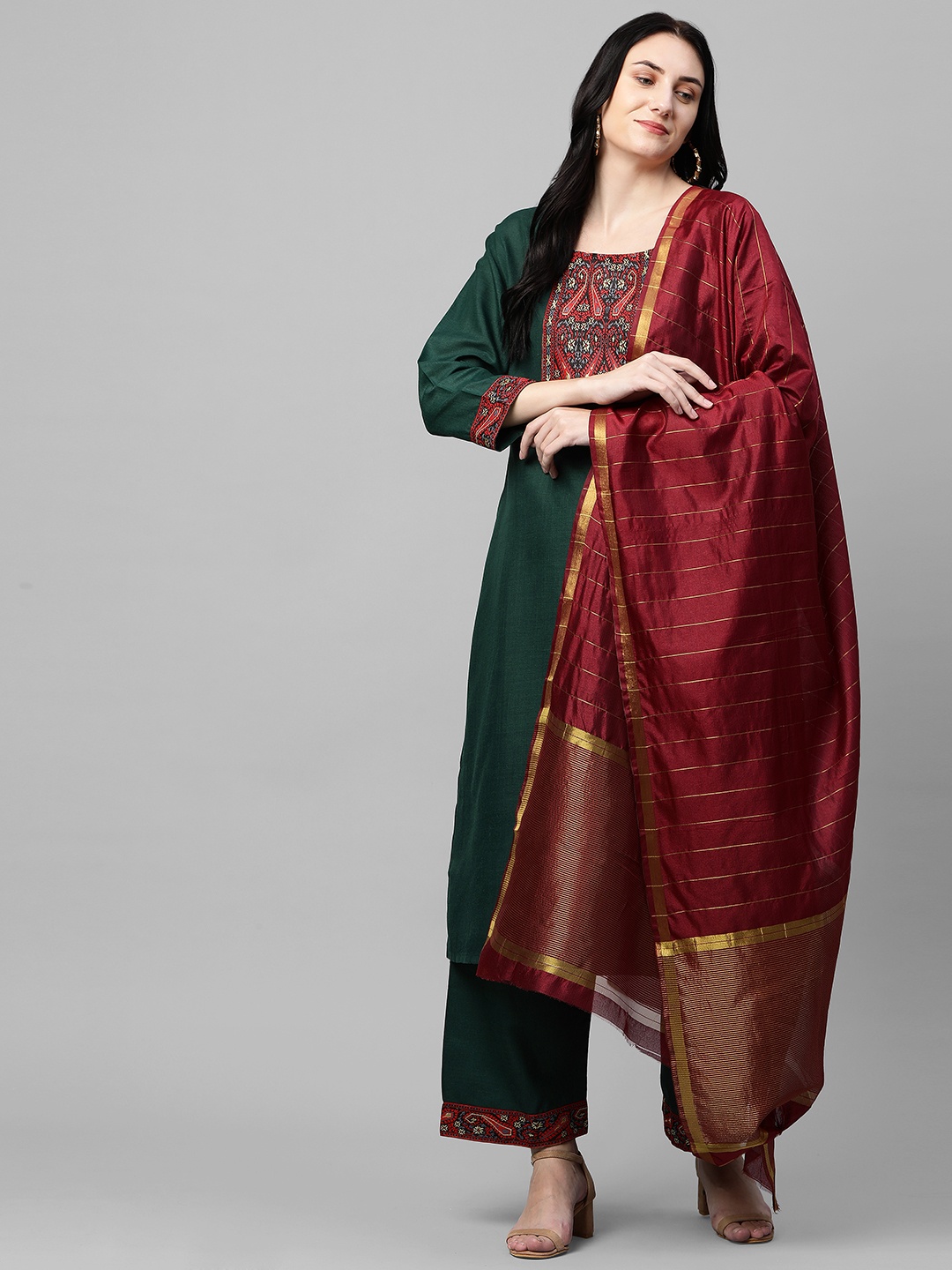 

GoSriKi Women Green Ethnic Motifs Pure Cotton Kurta with Palazzos & With Dupatta