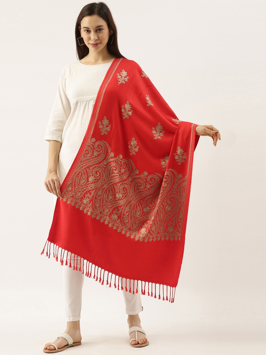 

Pashmoda Women Red Aari Embroidered Shawl