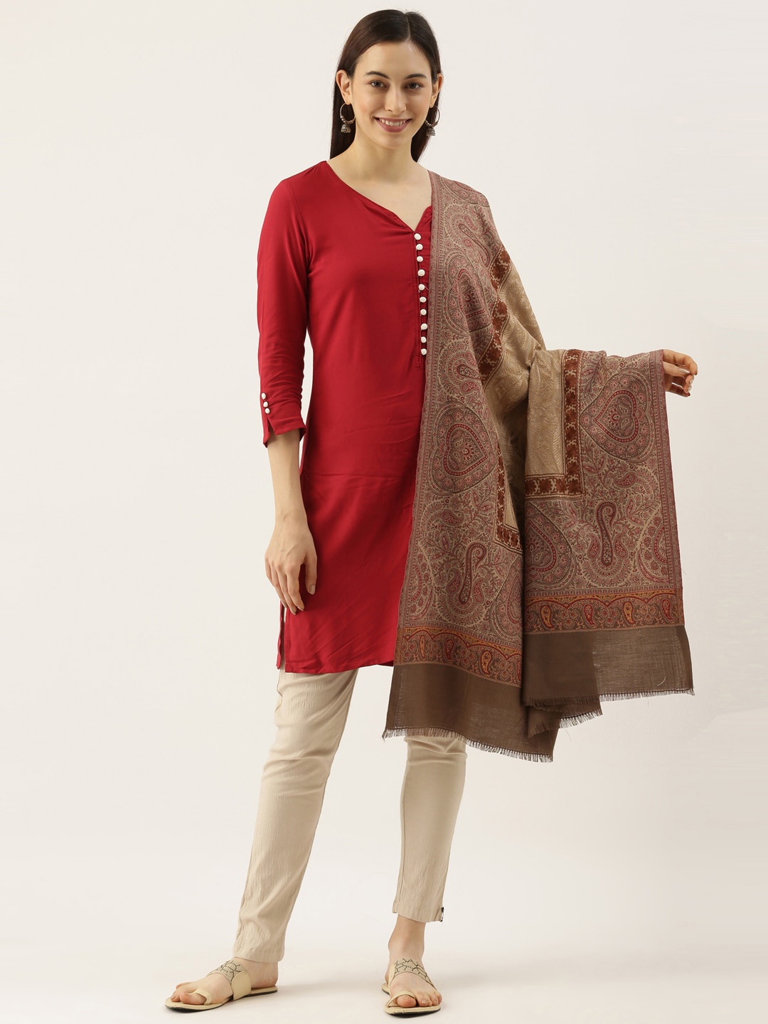 

Pashmoda Women Beige Woven Design Jamawar Shawl