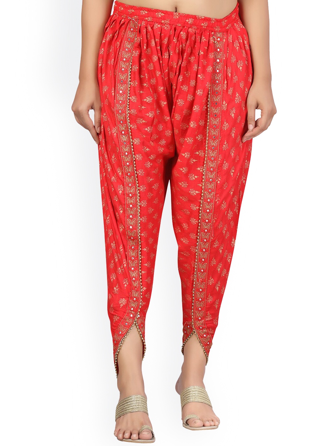 

Aarika Women Red & Gold-Coloured Hand Block Printed Cotton Dhoti Pants