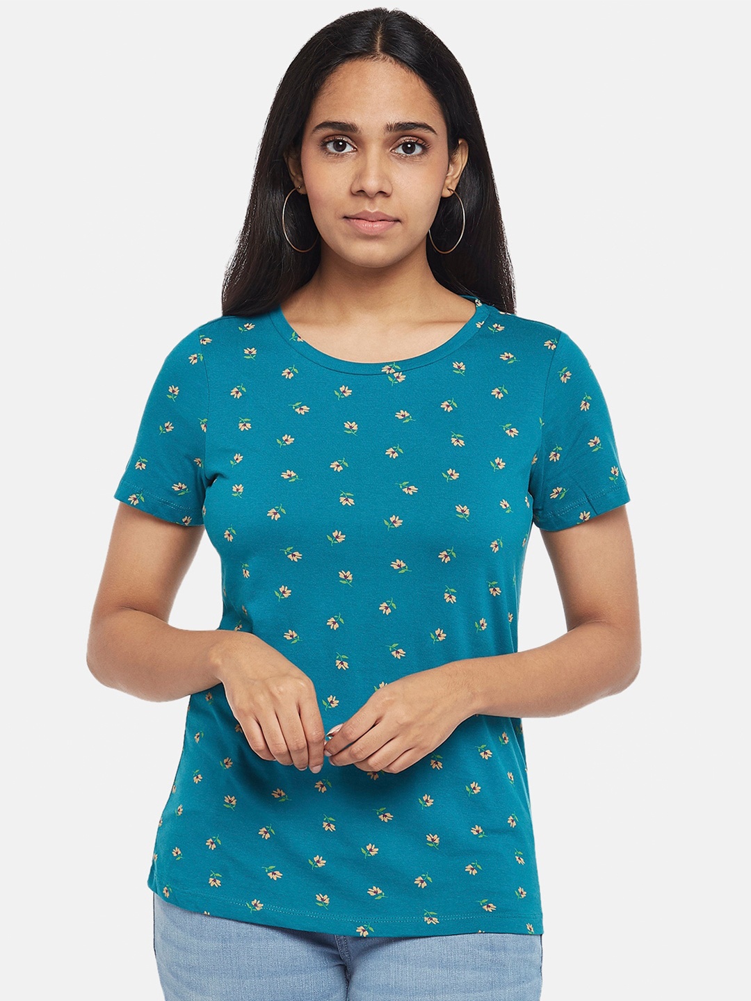 

Honey by Pantaloons Women Teal Floral Printed T-shirt