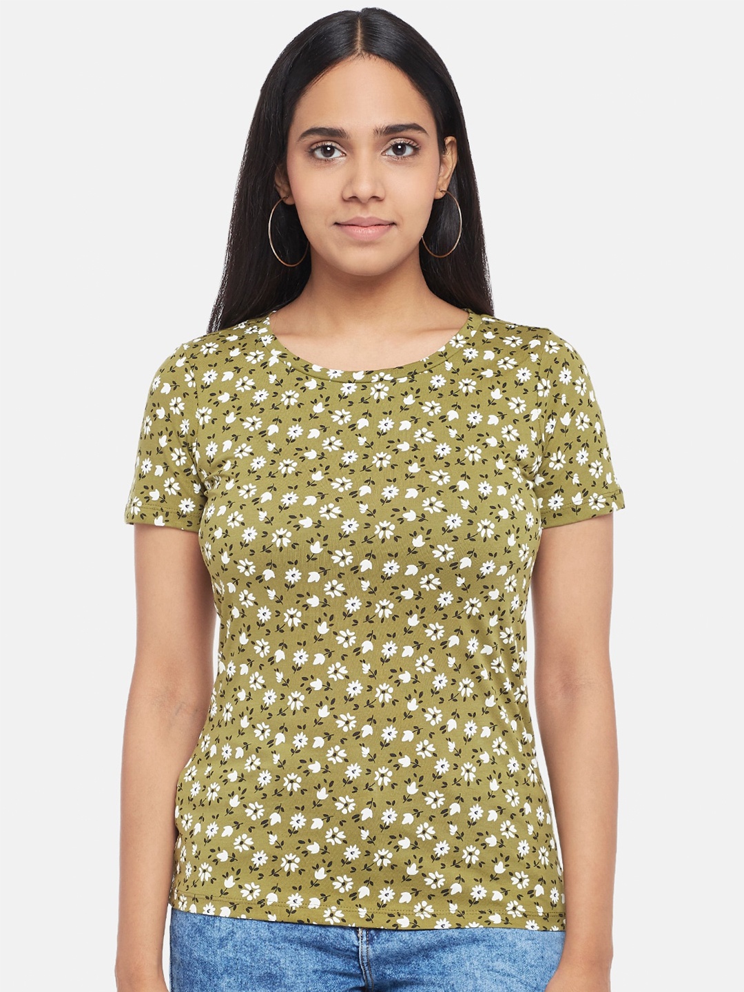 

Honey by Pantaloons Women Olive Green Floral Printed T-shirt