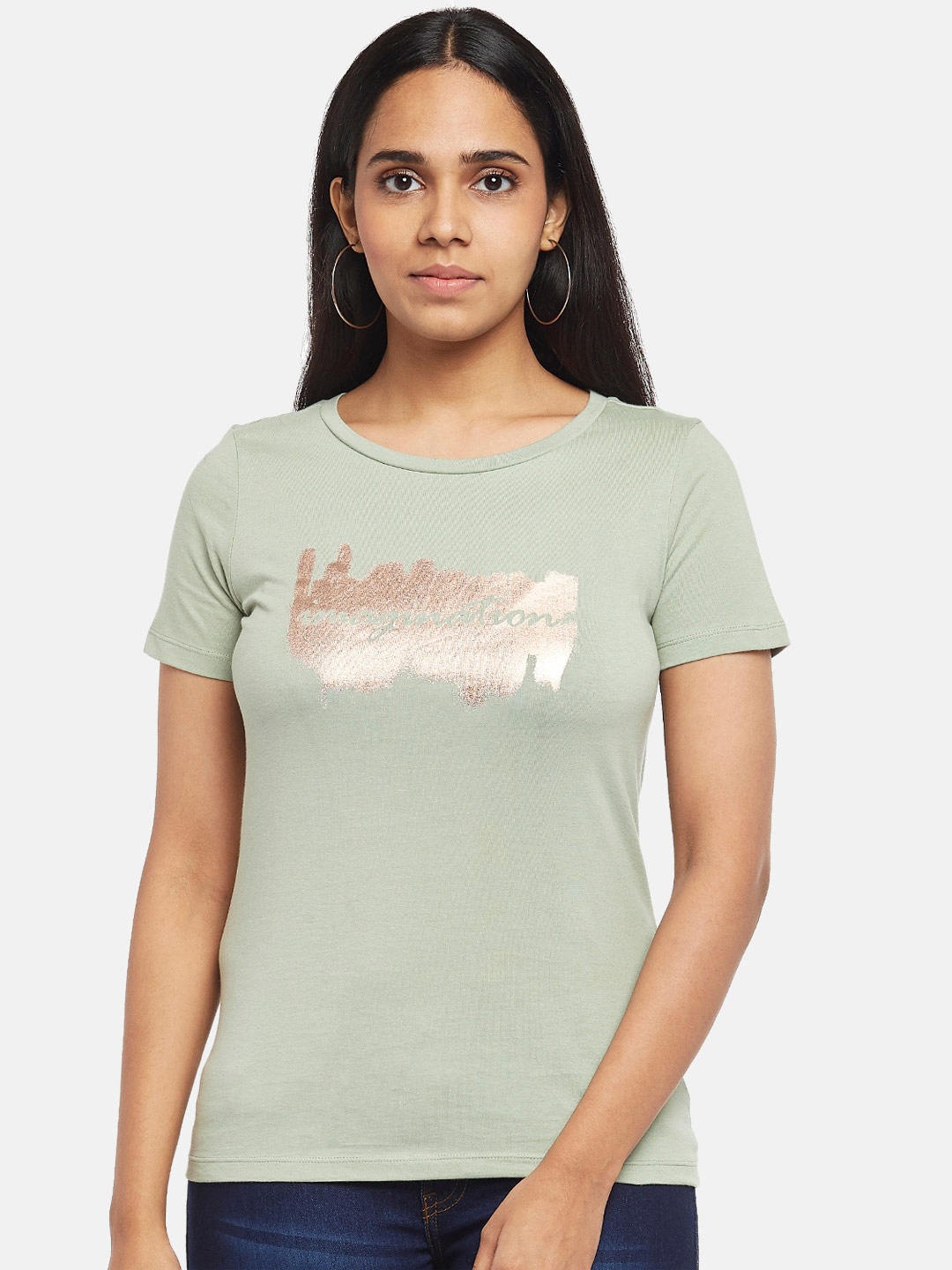 

Honey by Pantaloons Women Green Printed Pure Cotton T-shirt
