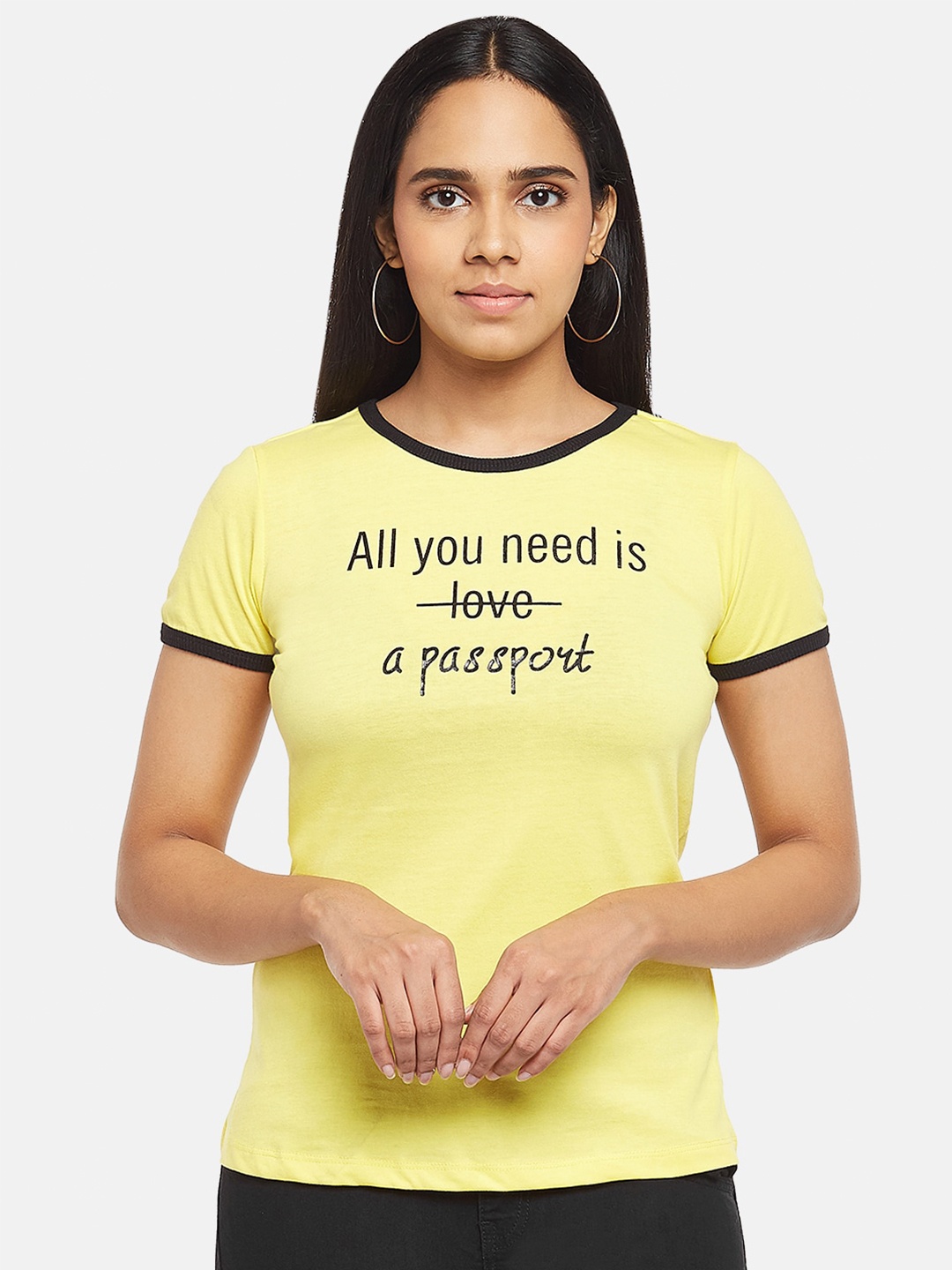 Honey by Pantaloons Women Yellow Black Typography Printed Cotton Pure Cotton T-shirt