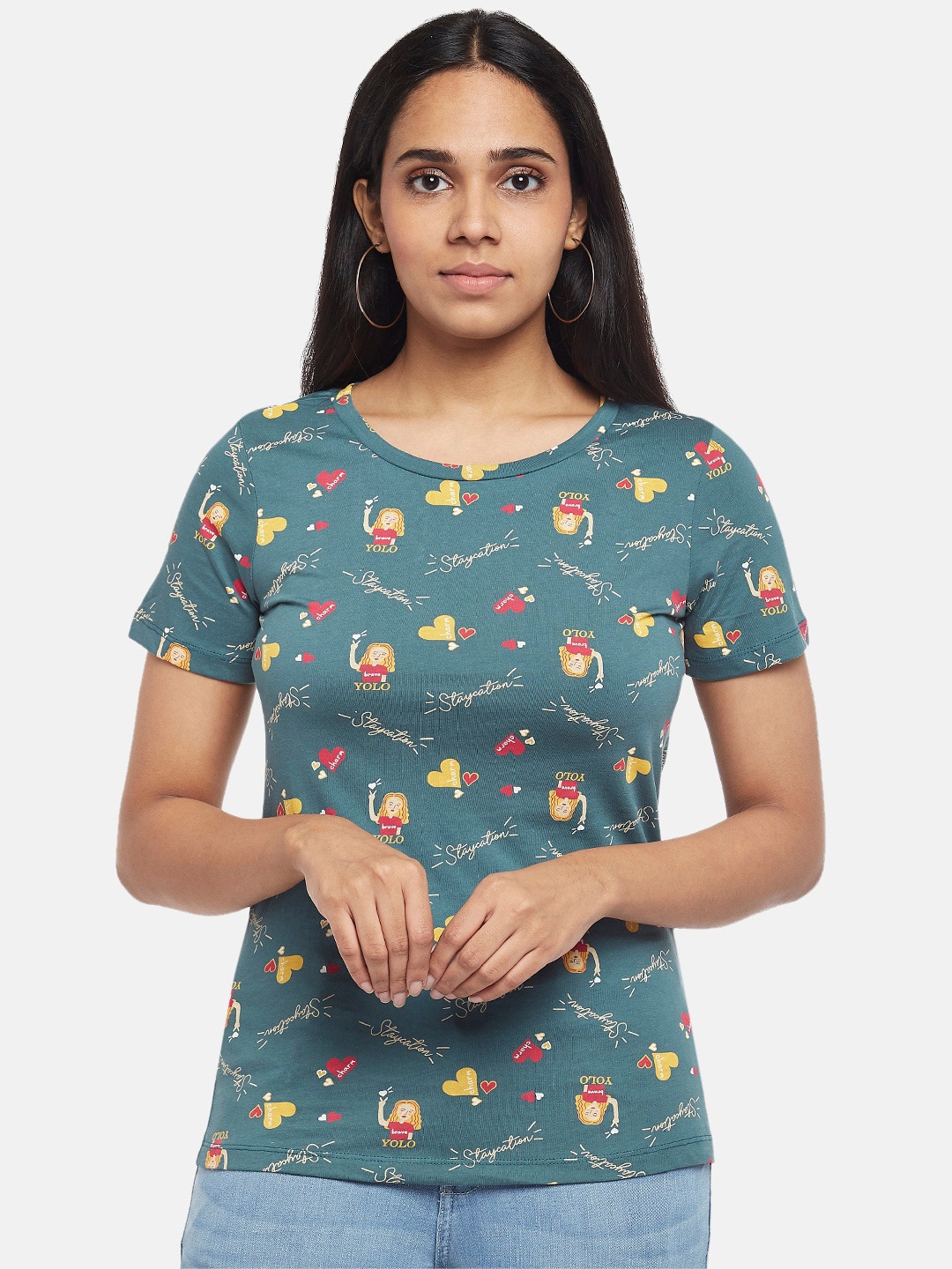 

Honey by Pantaloons Women Teal Yellow Printed Pure Cotton T-shirt