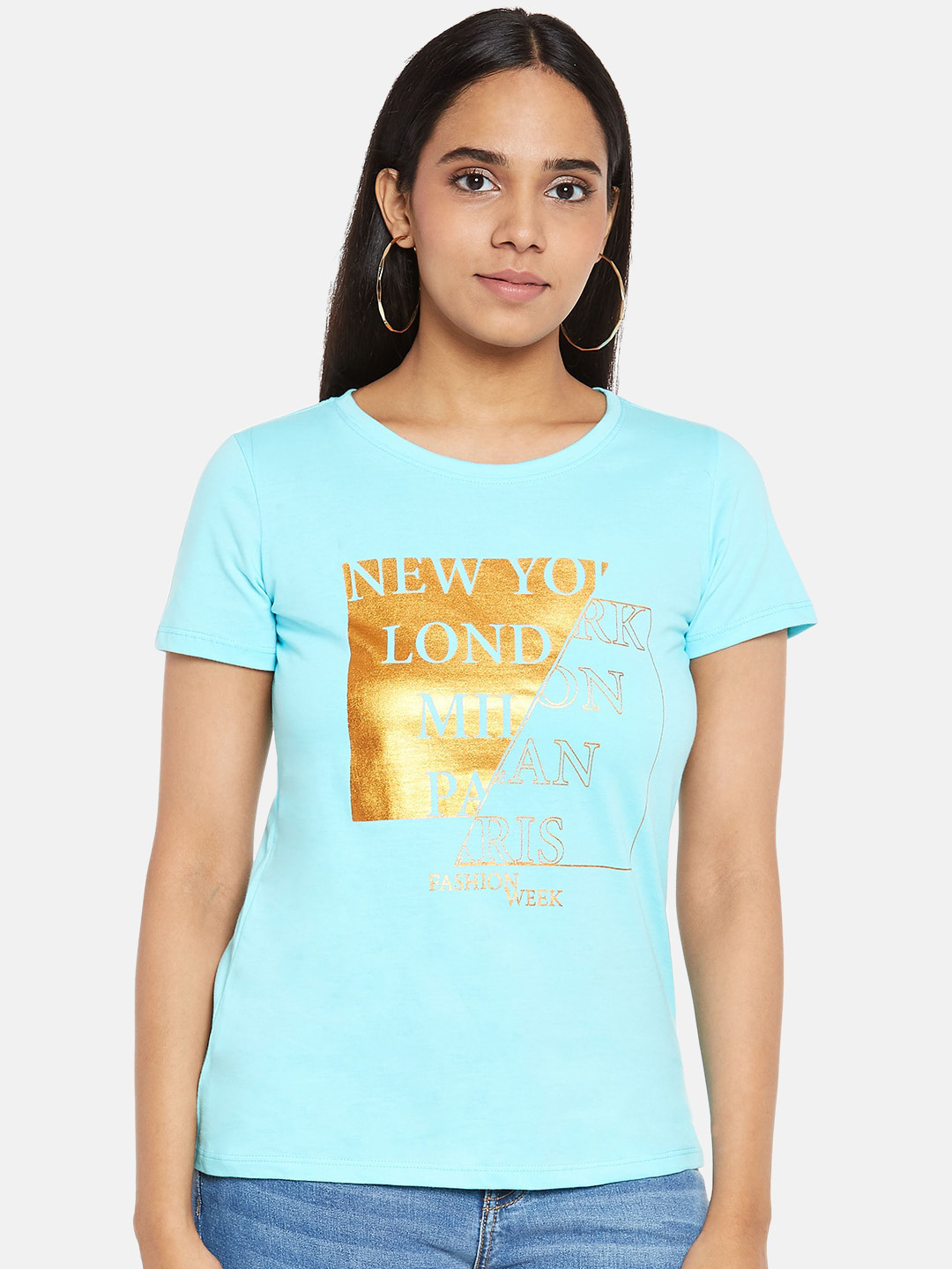 

Honey by Pantaloons Women Blue Printed Applique T-shirt