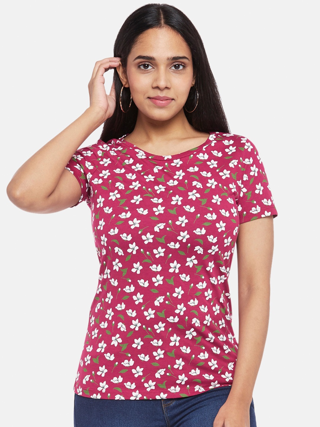 

Honey by Pantaloons Women Red Floral Printed Pure Cotton T-shirt