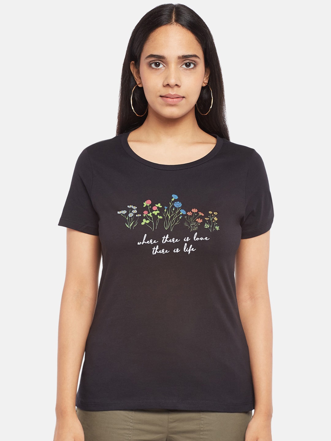 Honey by Pantaloons Women Black White Typography Printed Pure Cotton T-shirt