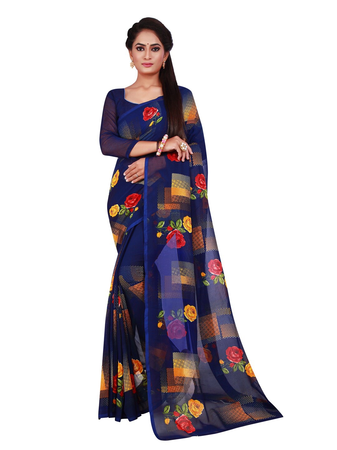 

KALINI Navy Blue & Red Floral Saree